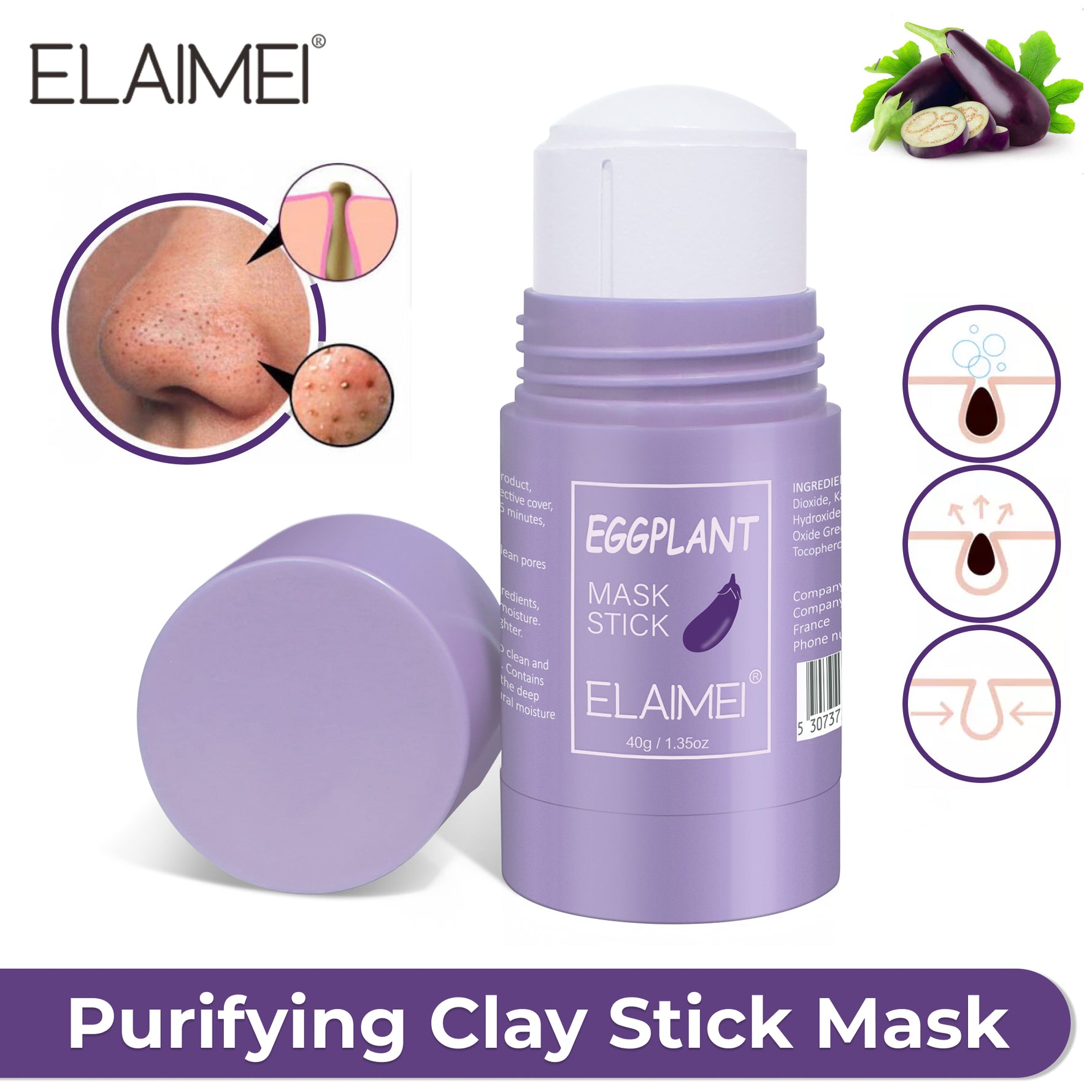 ELAIMEI Eggplant Purifying Clay Stick Mask, 40g