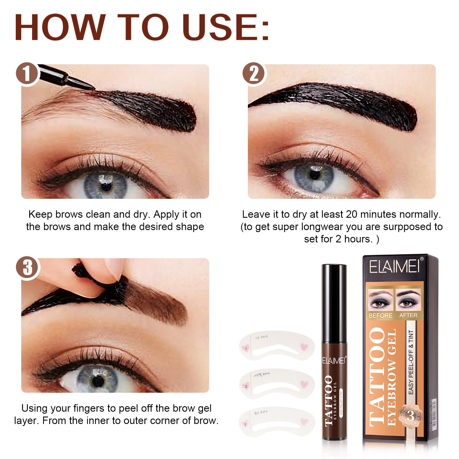 ELAIMEI Tattoo Eyebrow Gel, Long-Lasting Tint (Dark Brown)