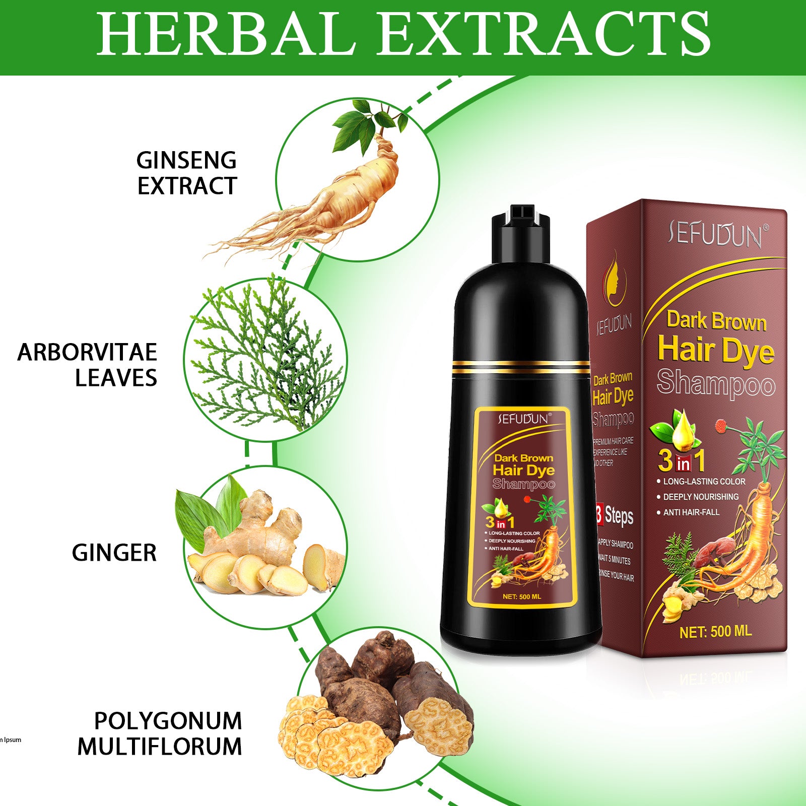 SEFUDUN 3in1 DARK BROWN Hair Dye Shampoo, 500ml