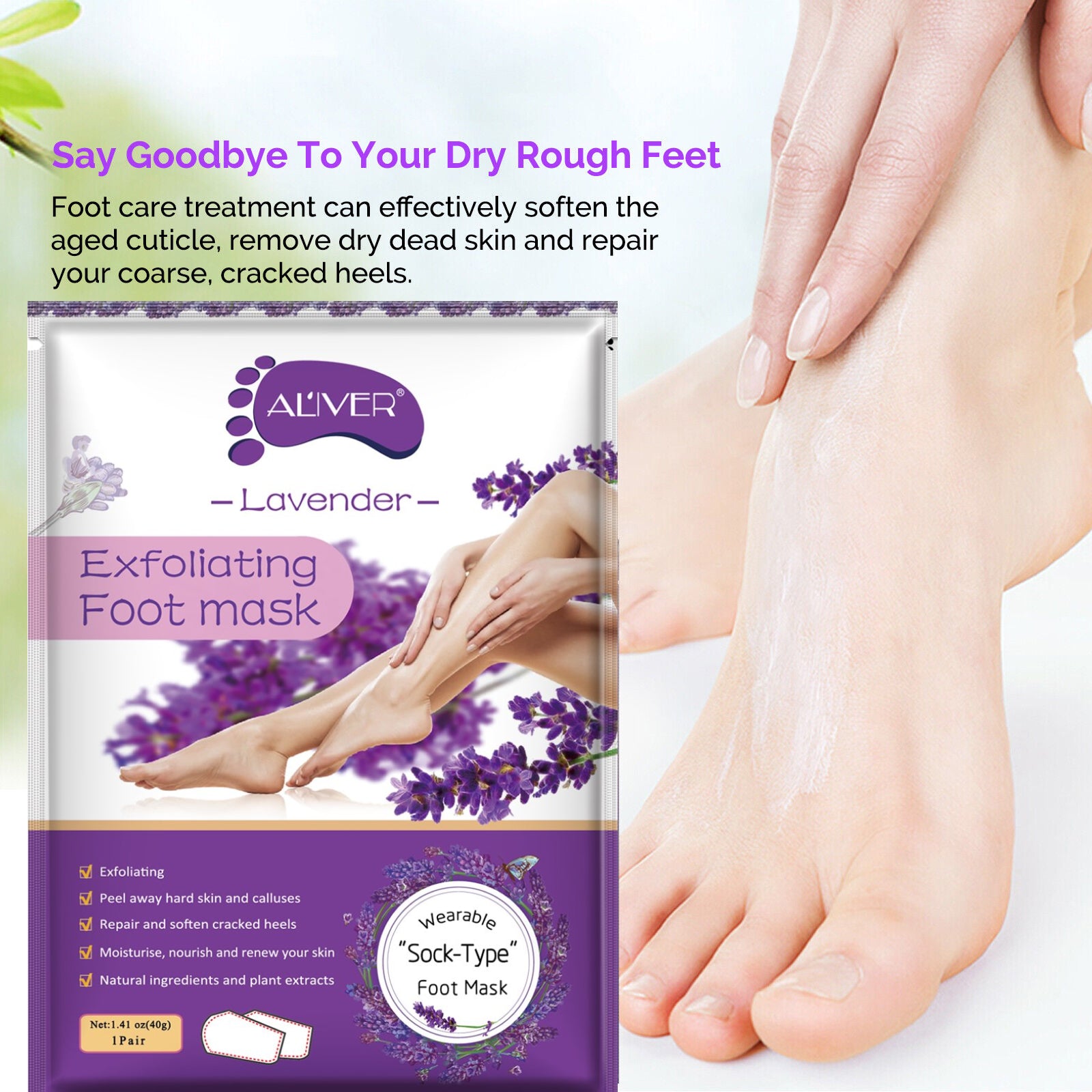 Aliver Exfoliating Foot Peel Mask Baby Soft Feet Smooth Socks Callus Hard Dead Skin Remove Spa Lavender (1 pair)