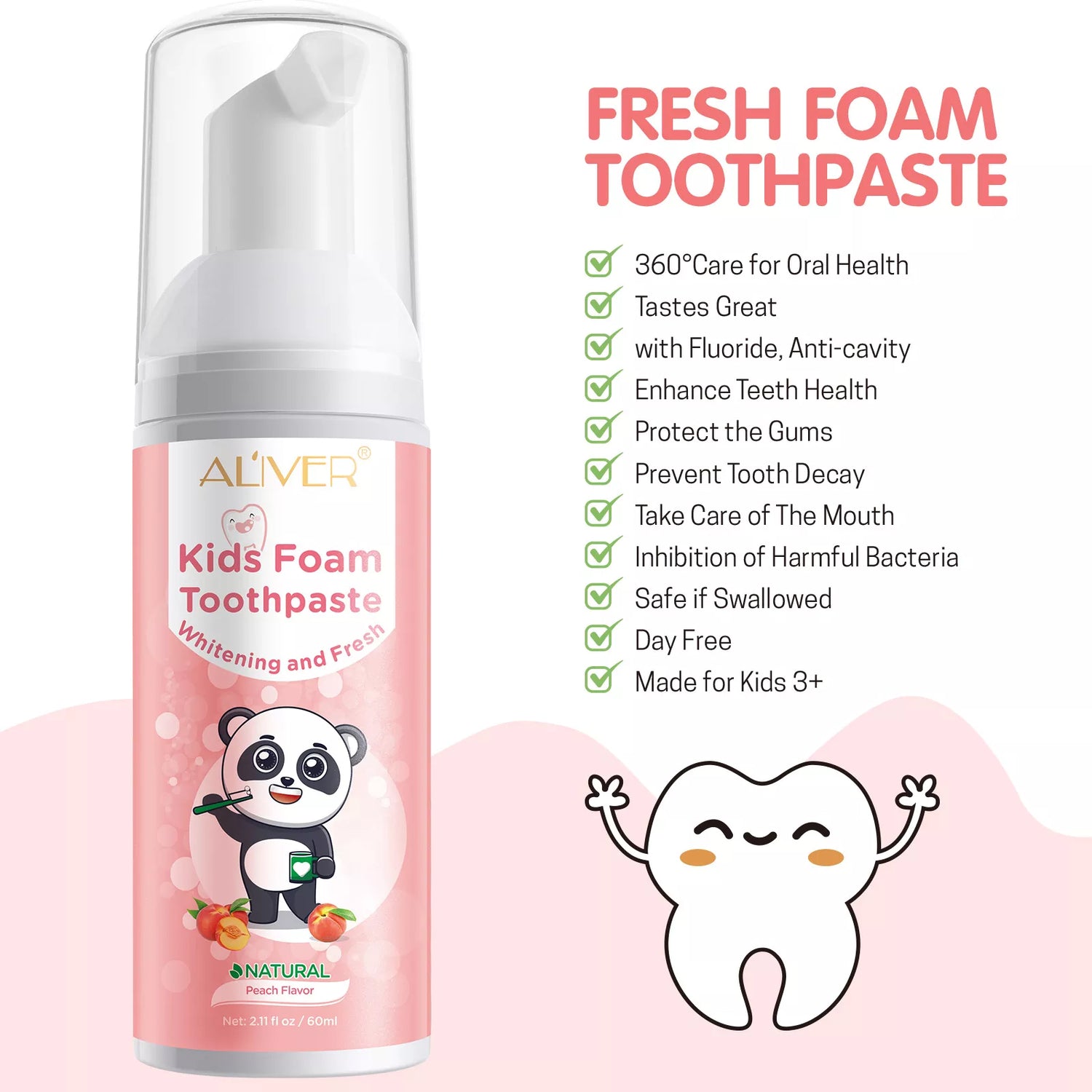 ALIVER Peach Flavor Foam Toothpaste for Kids, 60ml