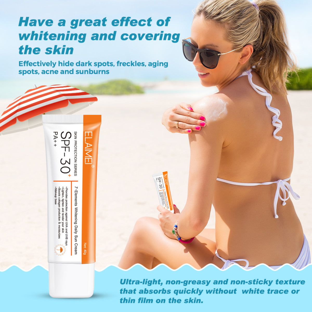 Elaimei UV Sunscreen SPF 30 PA++ Sunblock Sun Water Resistant Broad Spectrum Facial Body Skin Beach Defense 40g