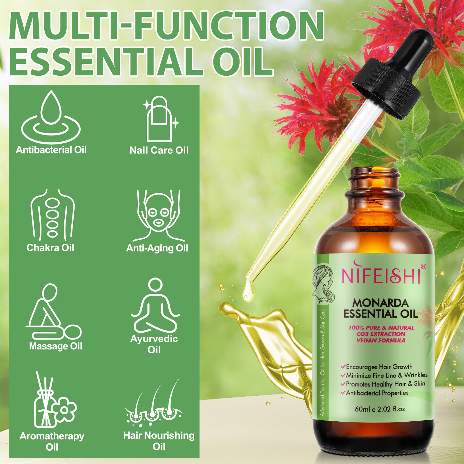 NIFEISHI 100% Pure & Natural Monarda Essential Oil, 60ml