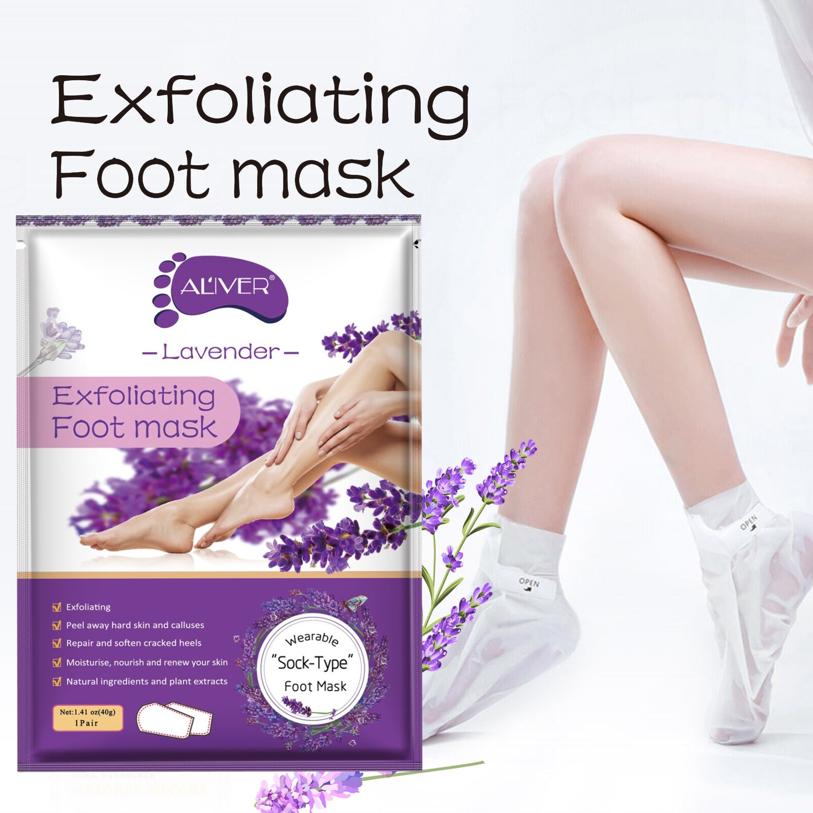 Aliver Exfoliating Foot Peel Mask Baby Soft Feet Smooth Socks Callus Hard Dead Skin Remove Spa Lavender (1 pair)
