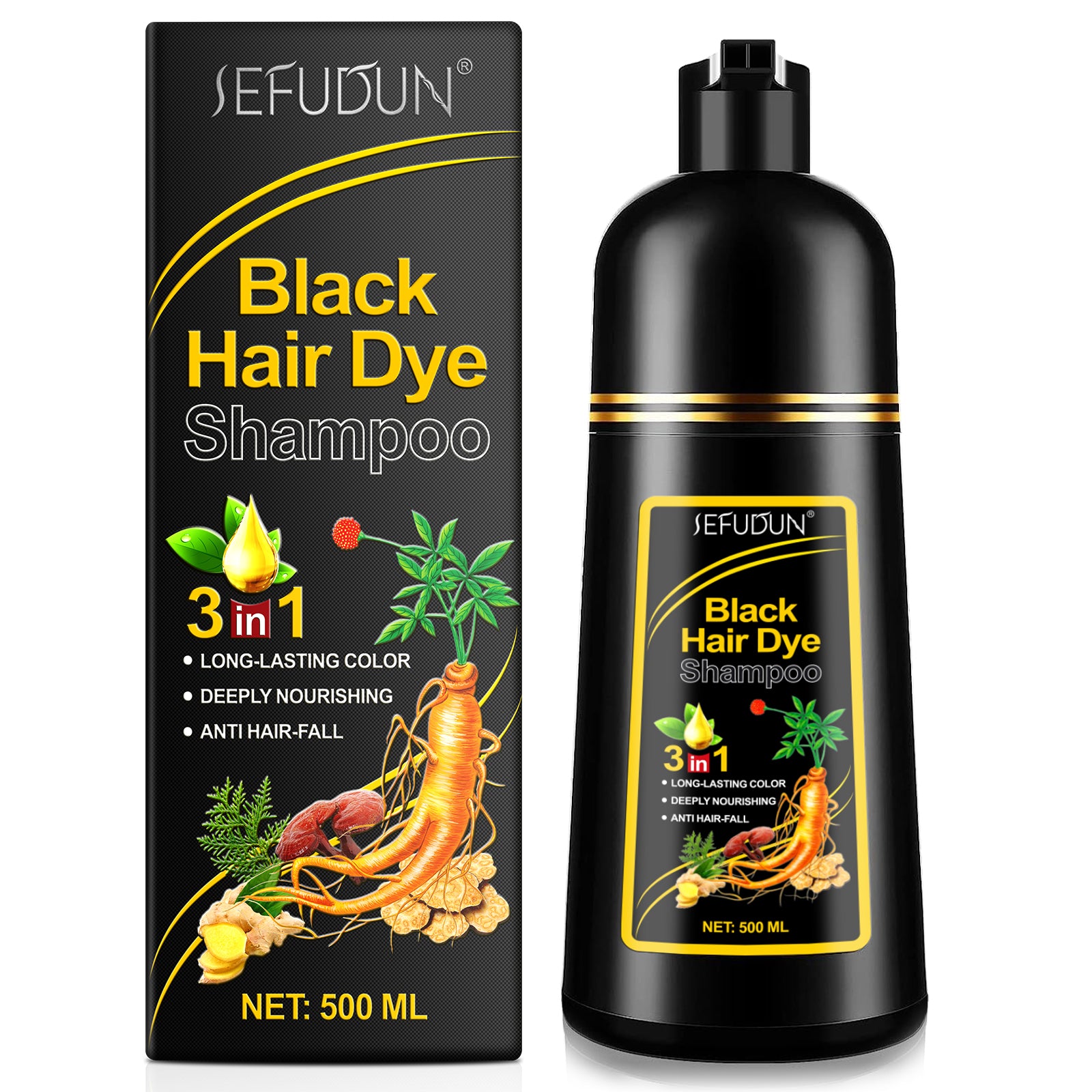SEFUDUN 3in1 BLACK Hair Dye Shampoo, 500ml