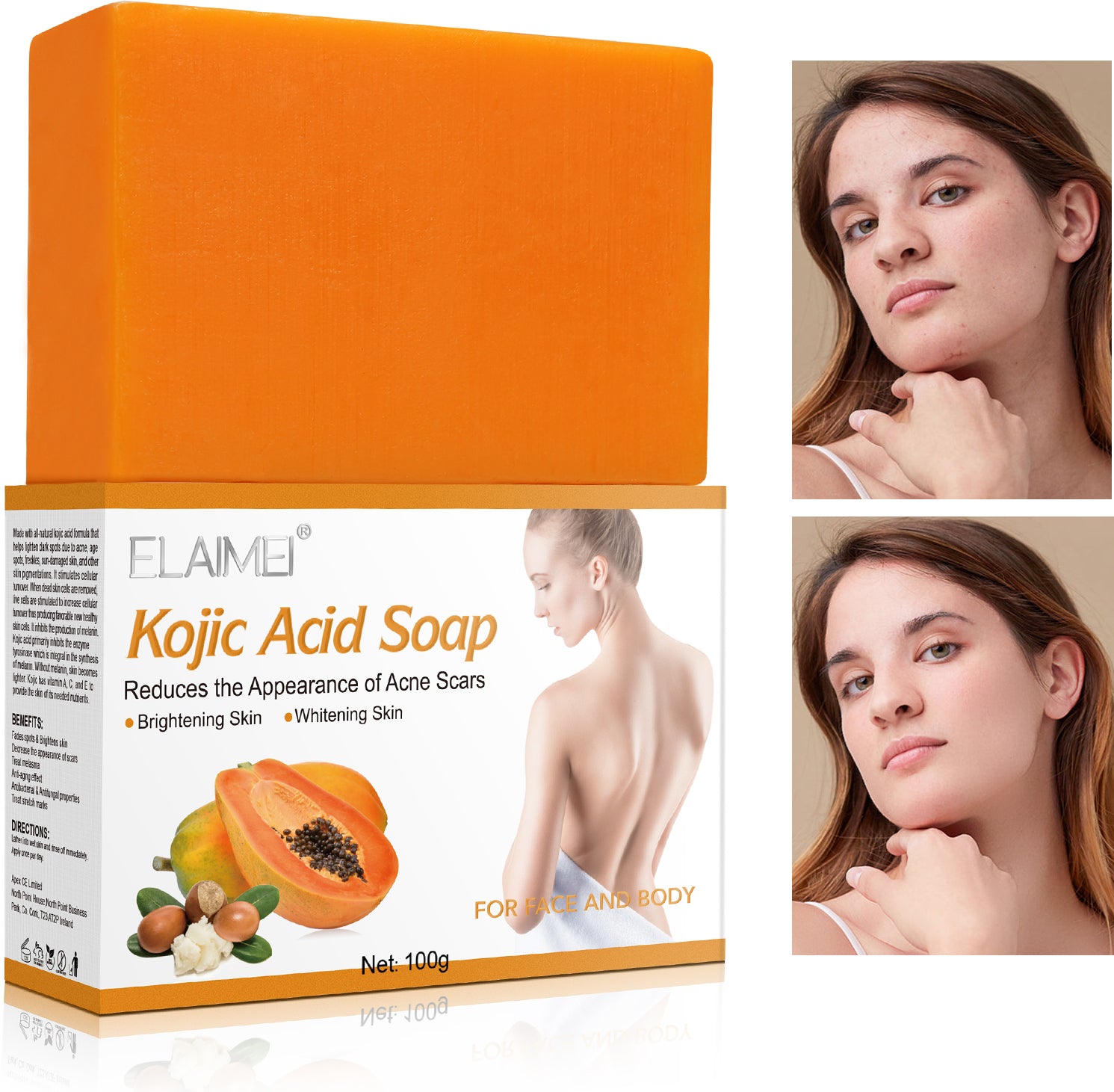 ELAIMEI Papaya Kojic Acid Soap for Face and Body, 100g