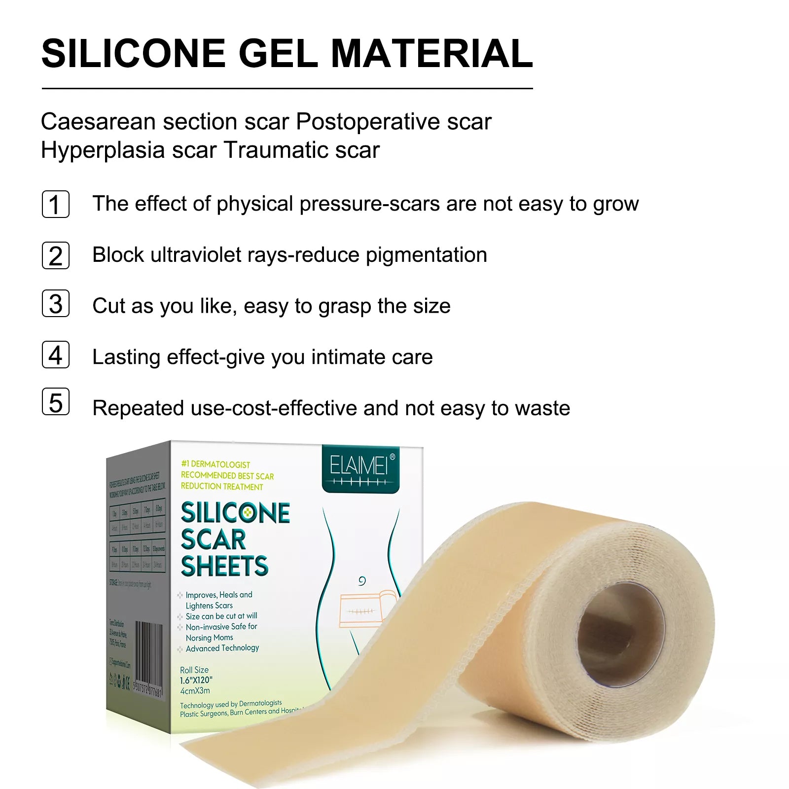 ELAIMEI Silicone Scar Removal Sheets, Roll Tape 3m