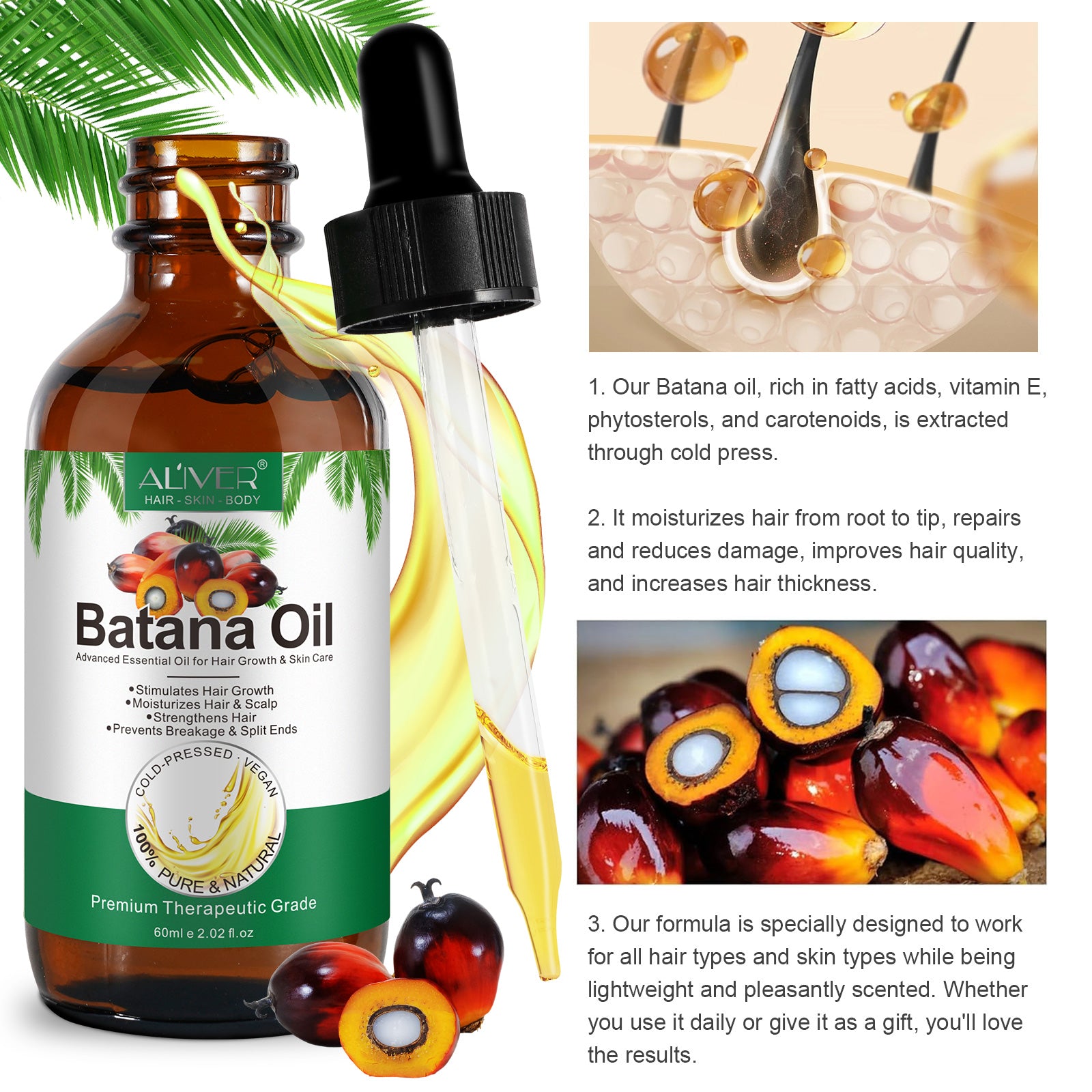 ALIVER Natural Batana Oil for Hair Growth, Skin & Body, 60ml