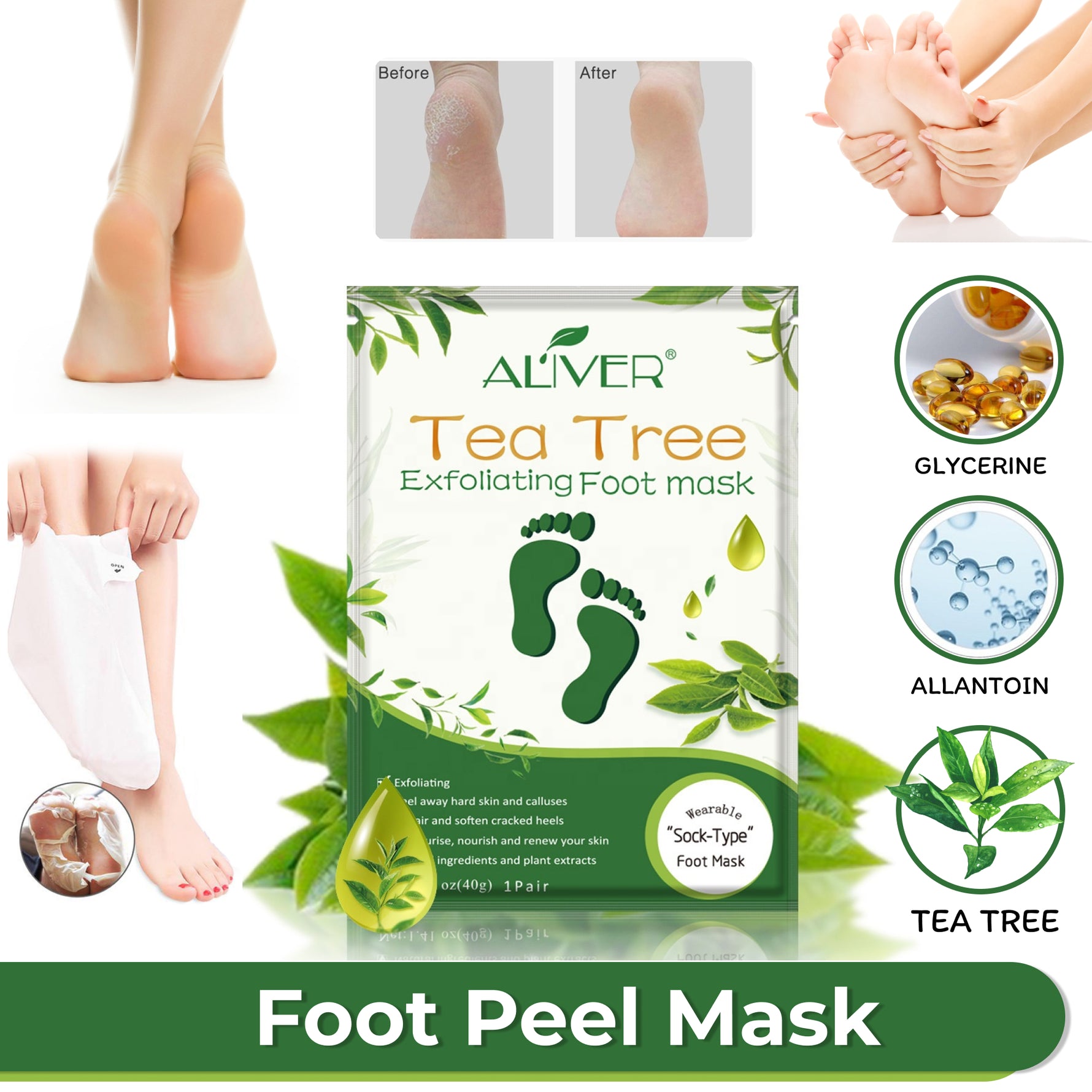 Aliver Tea Tree Soft Foot Peel Mask for Feet Dead Skin Remover