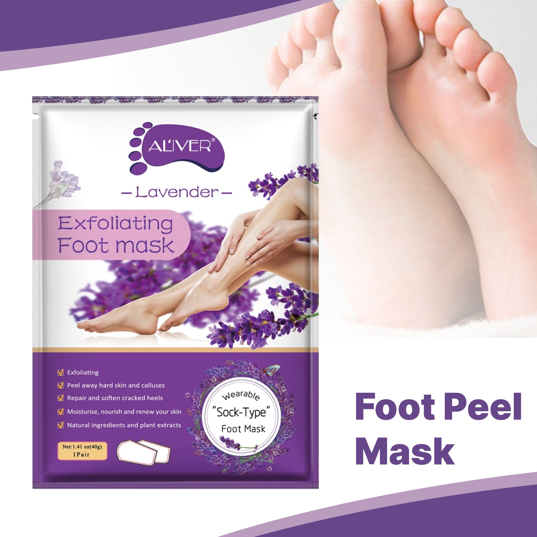 Aliver Exfoliating Foot Peel Mask Baby Soft Feet Smooth Socks Callus Hard Dead Skin Remove Spa Lavender (1 pair)