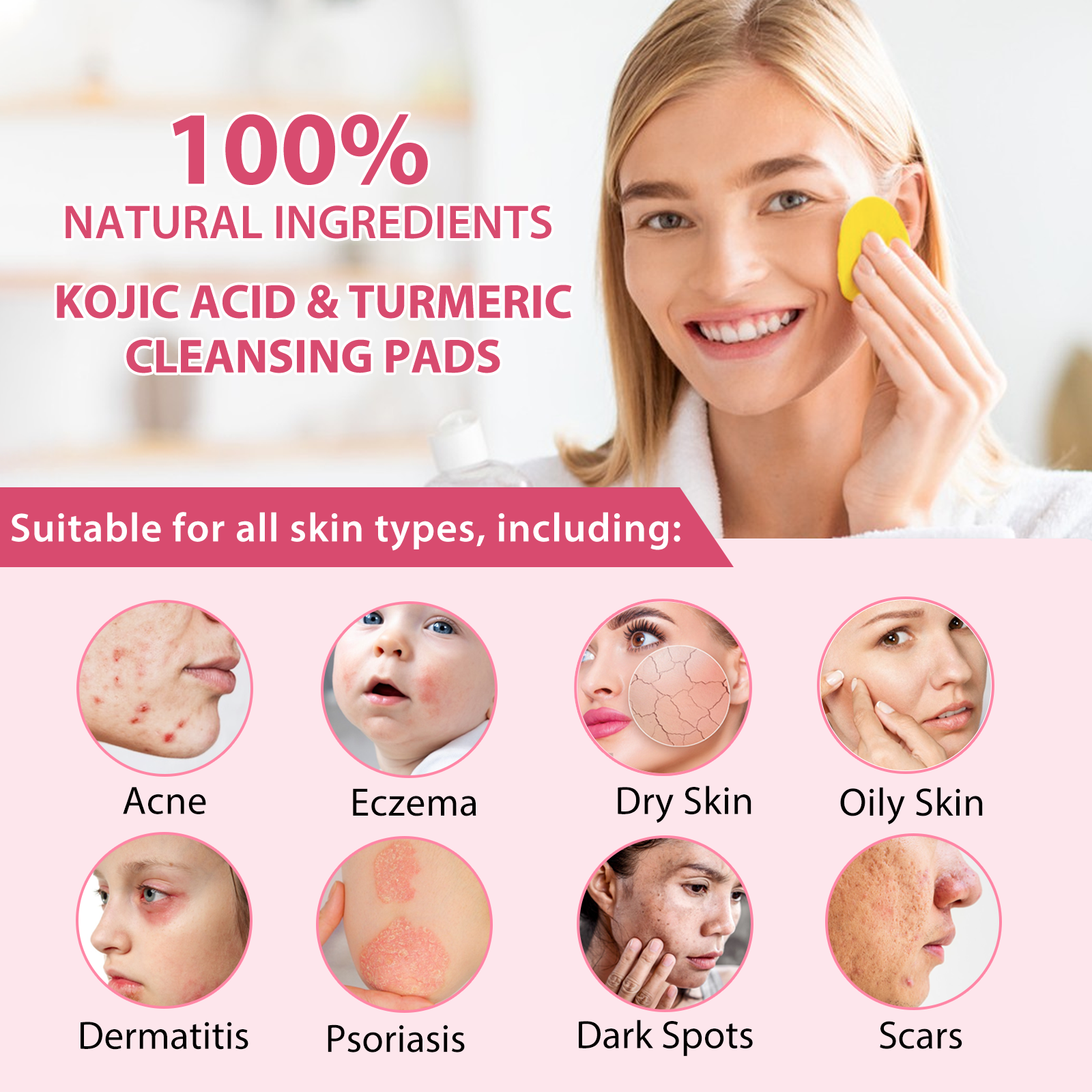ALIVER Kojic Acid & Turmeric Cleansing Pads for Dark Spots, 40pcs