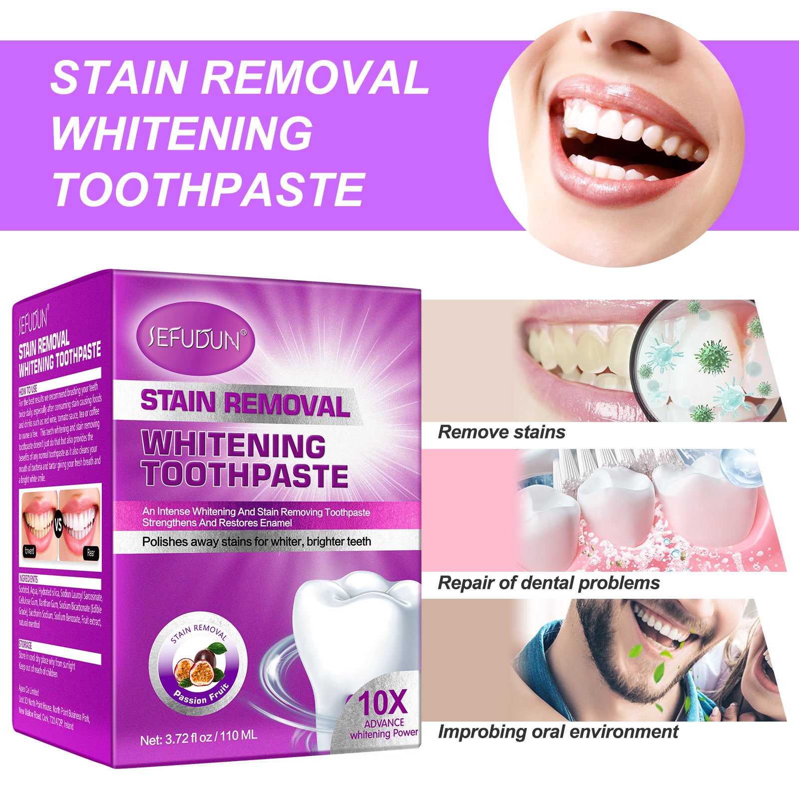 SEFUDUN Stain Removal Whitening ToothPaste, 110ml (Passion Fruit)