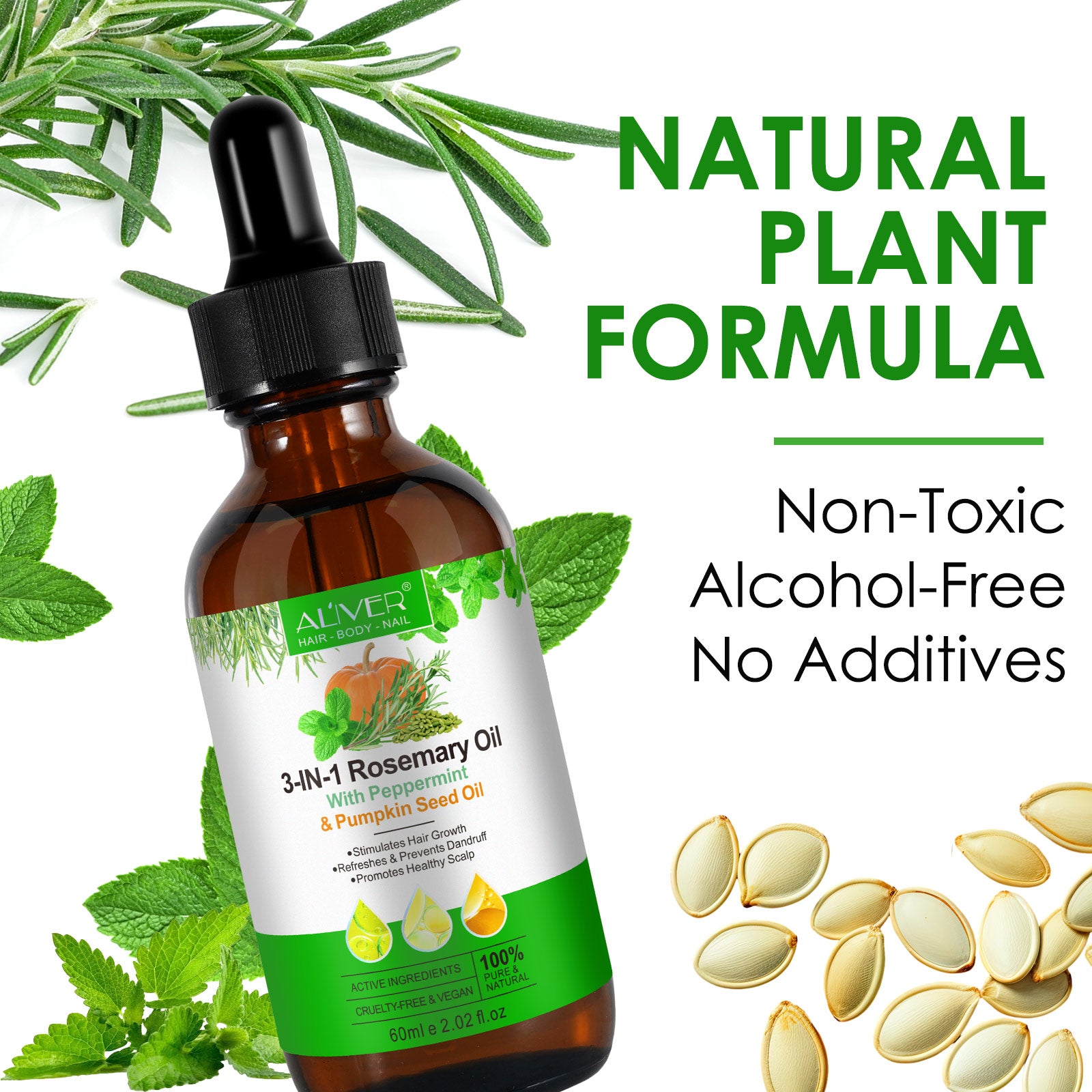 ALIVER Natural 3-in-1 Rosemary Oil with Peppermint & Pumpkin Seed Oil, 60ml