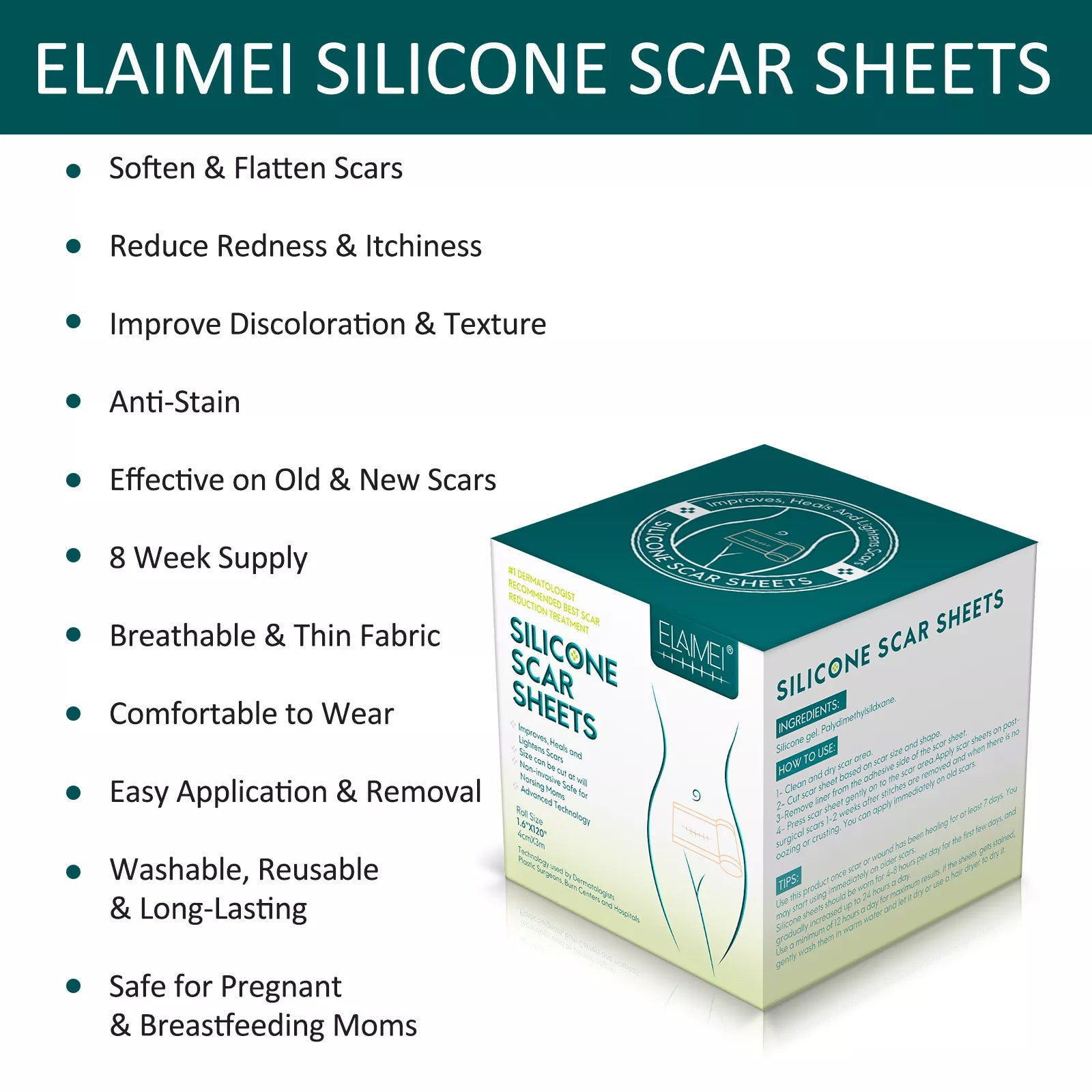 ELAIMEI Silicone Scar Removal Sheets, Roll Tape 3m