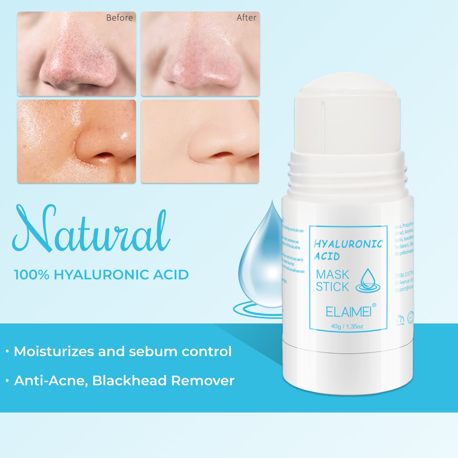 Elaimei Cleansing Purifying Clay Stick Mask Hyaluronic Acid Oil Control Anti-Acne Solid Fine Skin Blackheads