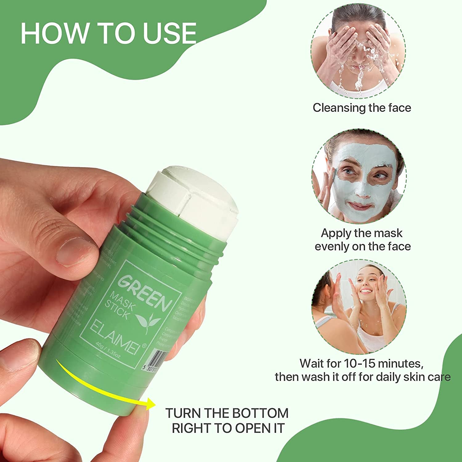 ELAIMEI Purifying Clay Stick Cleanser Mask for Face, Green Tea