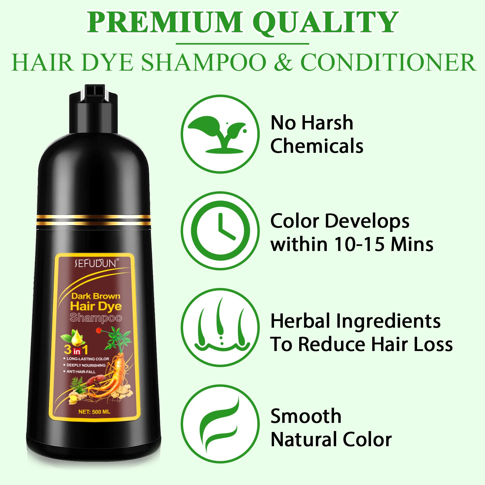 SEFUDUN 3in1 DARK BROWN Hair Dye Shampoo, 500ml