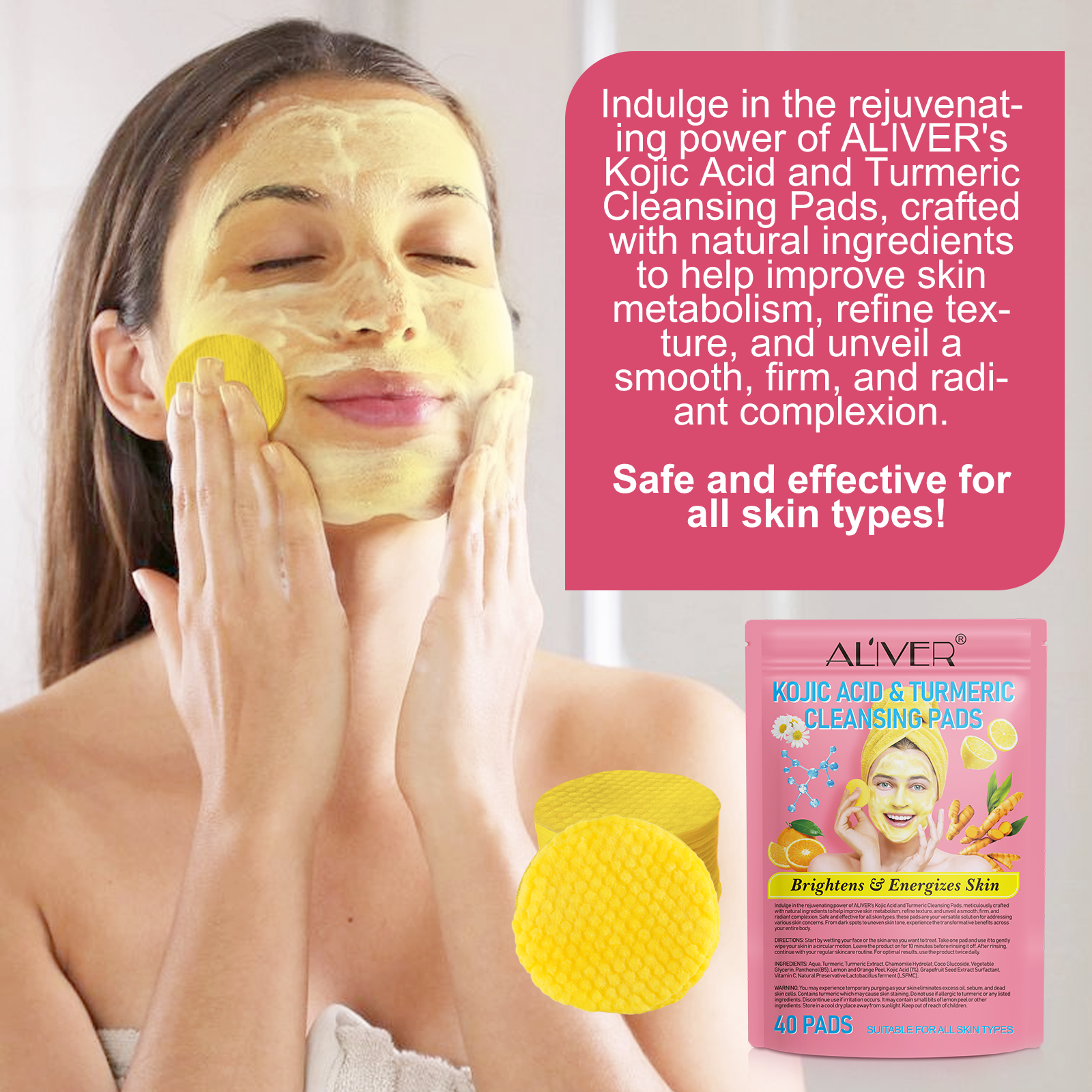 ALIVER Kojic Acid & Turmeric Cleansing Pads for Dark Spots, 40pcs