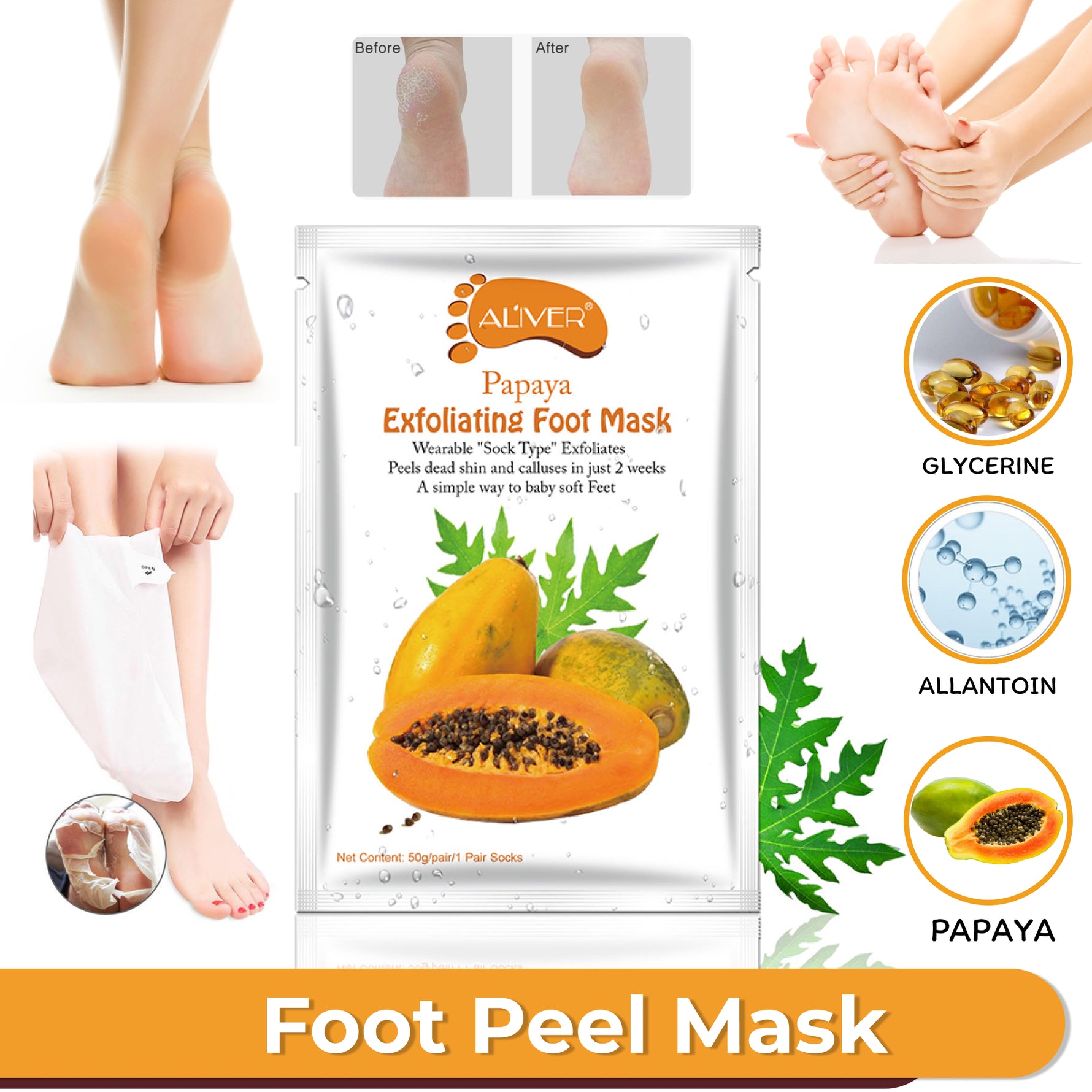 Aliver Papaya Soft Foot Peel Mask for Feet Dead Skin Remover