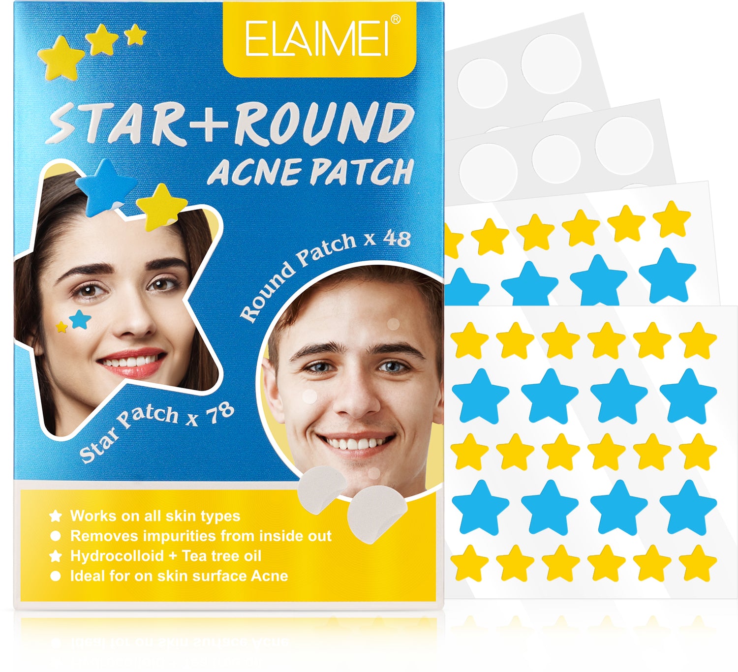 ELAIMEI Stars + Round Pimple Patches, pack of 126pcs (yellow, blue)