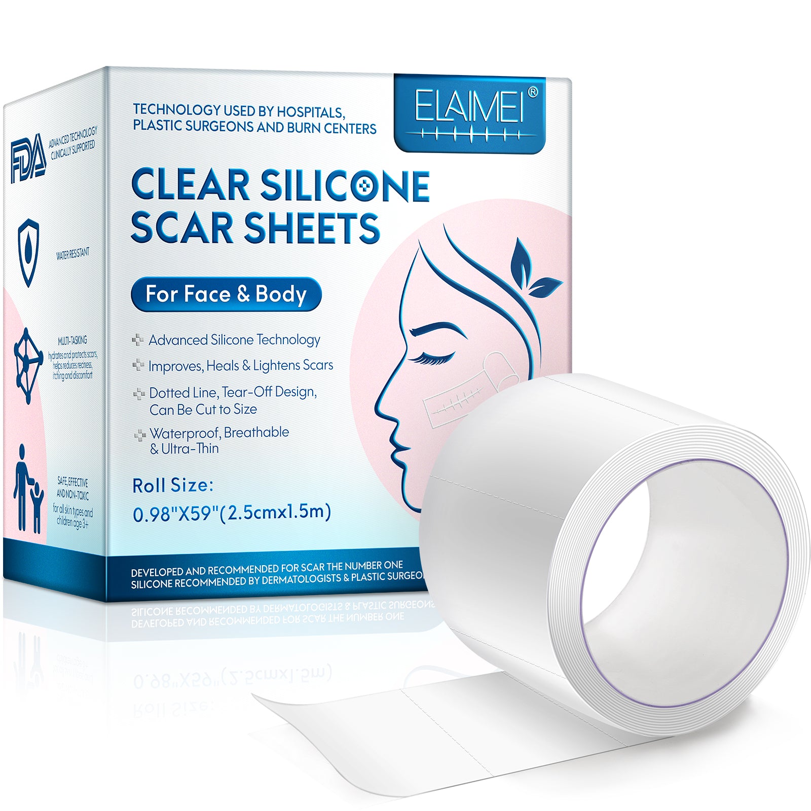 ELAIMEI Clear Silicone Scar Roll Tape, 1.5m