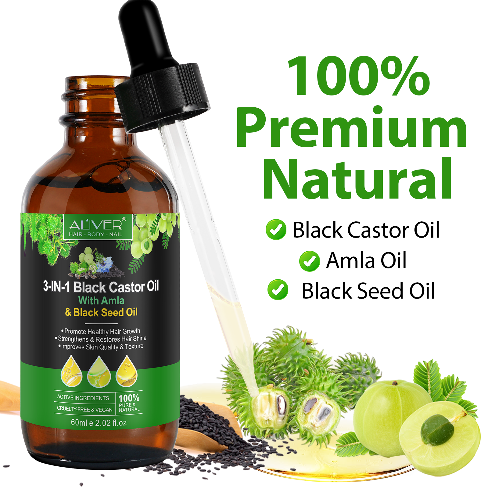 ALIVER Natural 3-in-1 Black Castor Oil with Amla & Black Seed Oil, 60ml