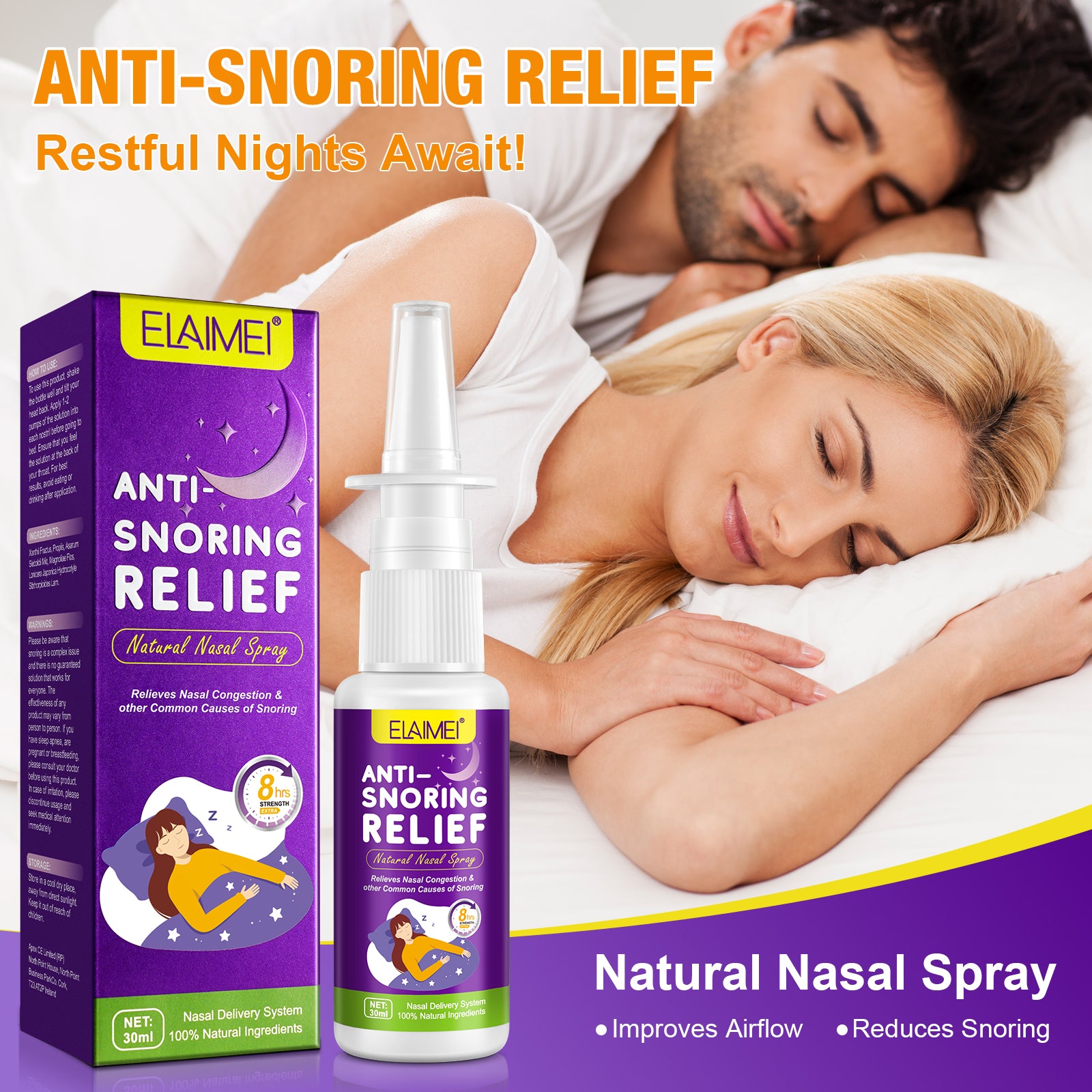 ELAIMEI Natural Anti Snoring Nasal Spray, 30ml