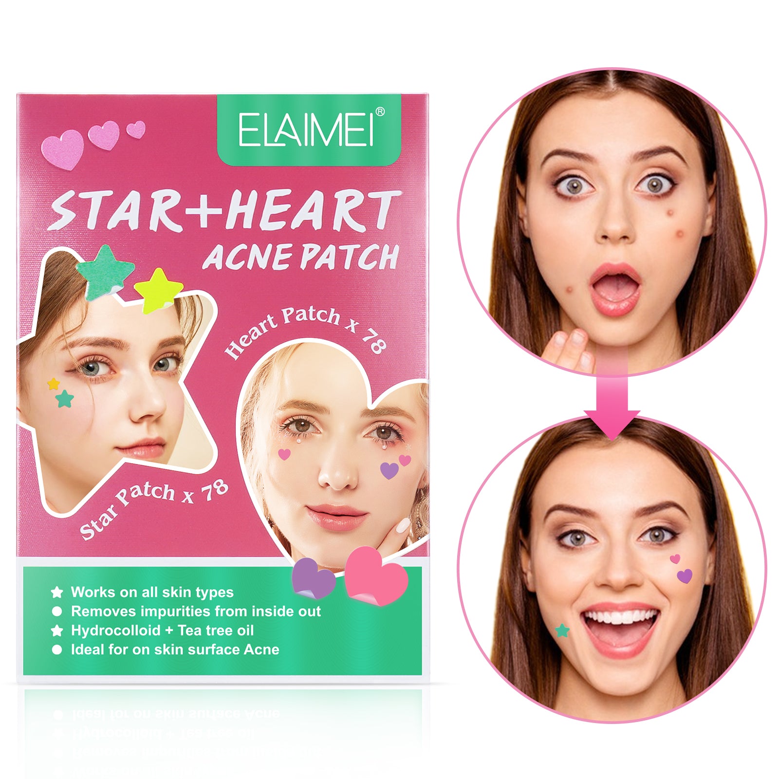 ELAIMEI Stars + Heart Pimple Patches, pack of 156pcs