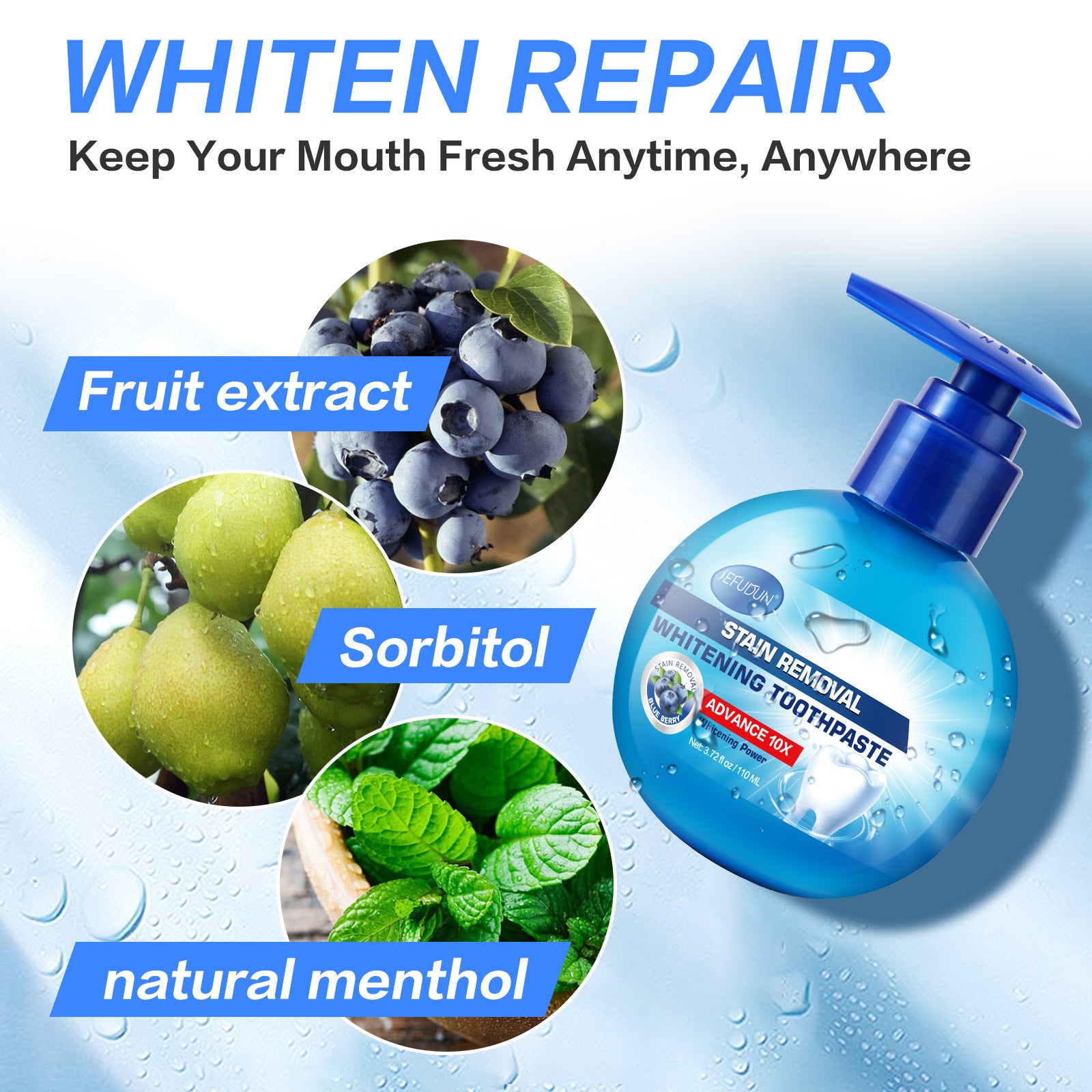 SEFUDUN Whitening Toothpaste for Stain Removal, 110ml (Blueberry)