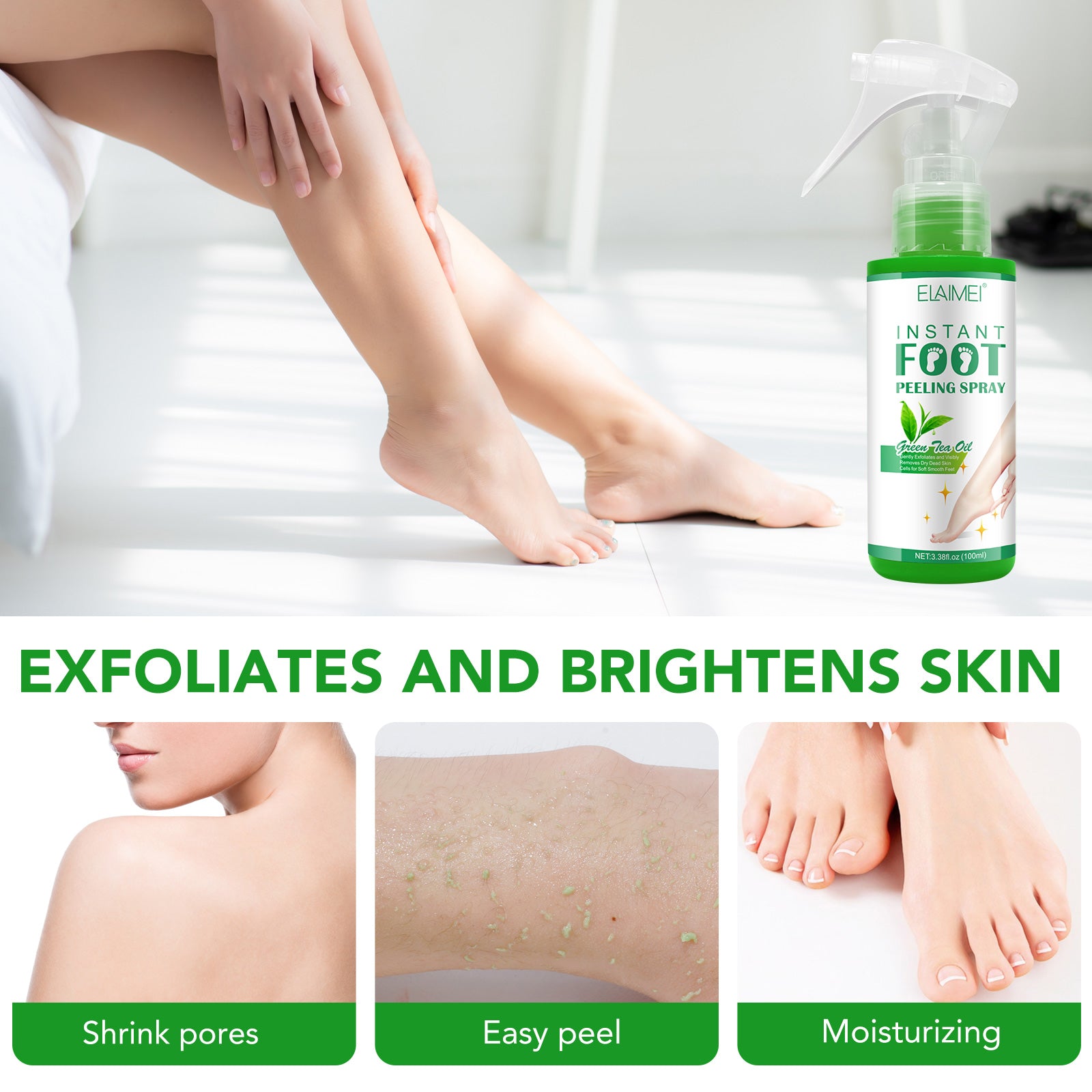 ELAIMEI Exfoliating Foot Peeling Spray with Green Tea Oil, 100ml