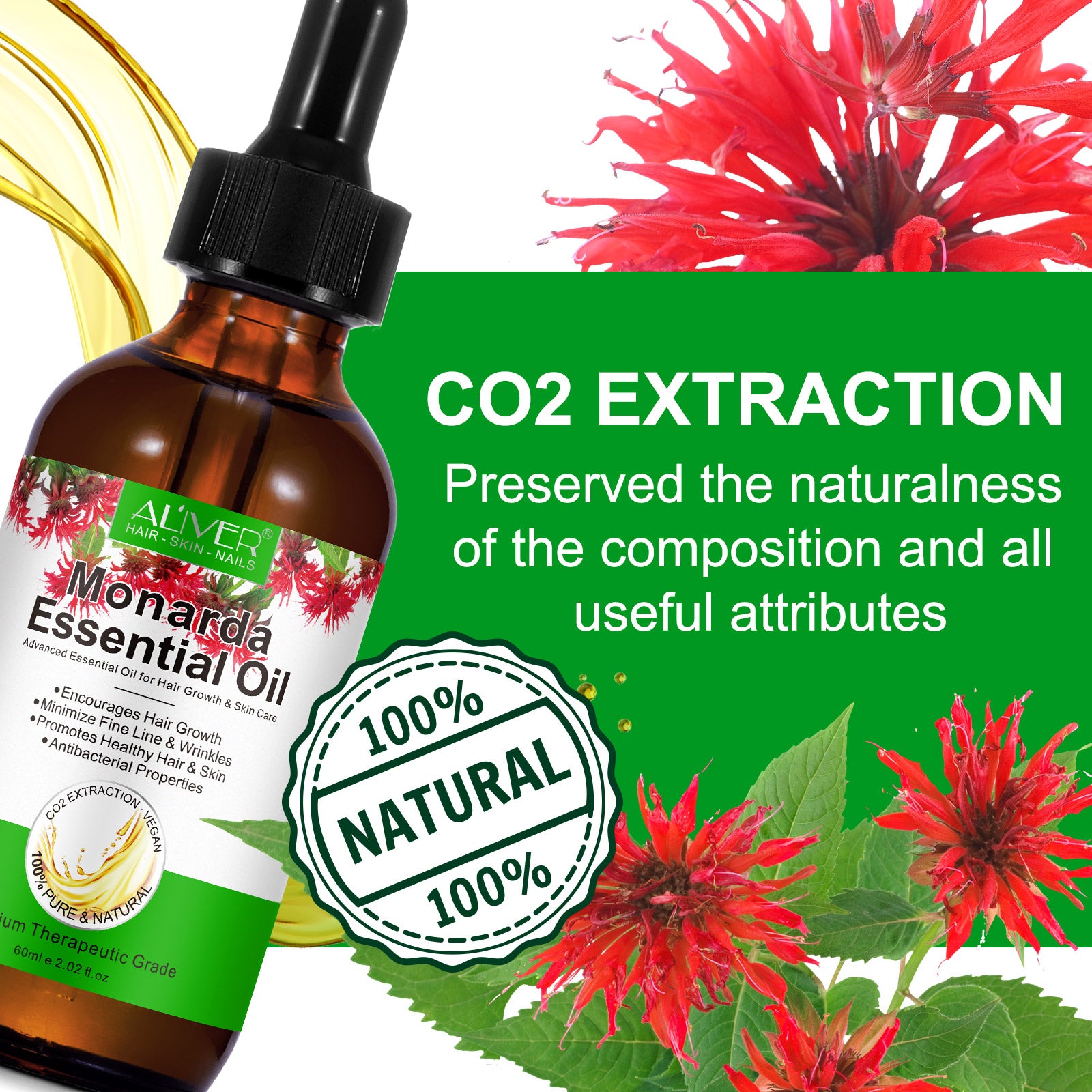 ALIVER Natural Monarda Essential Oil for Hair Growth, 60ml