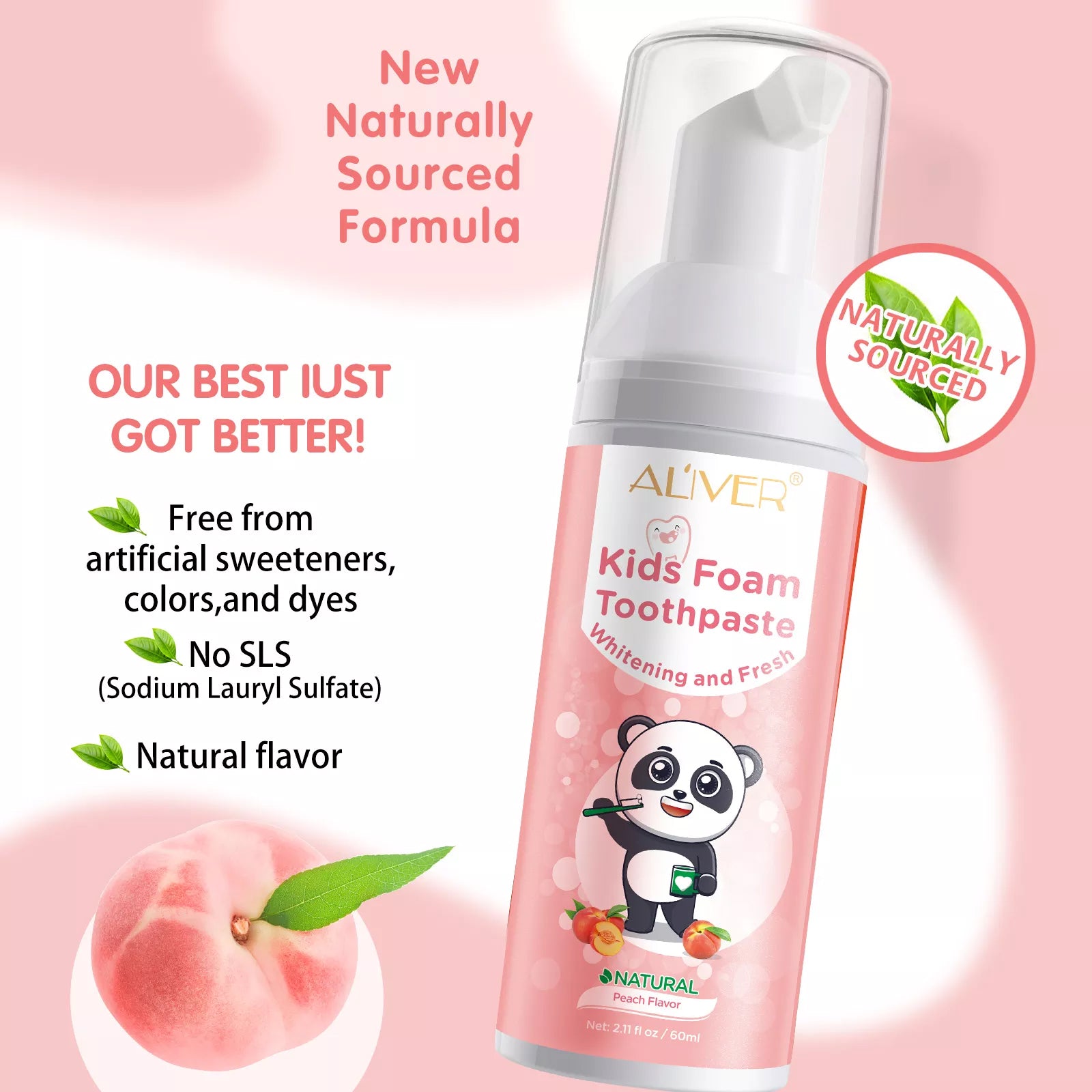 ALIVER Peach Flavor Foam Toothpaste for Kids, 60ml