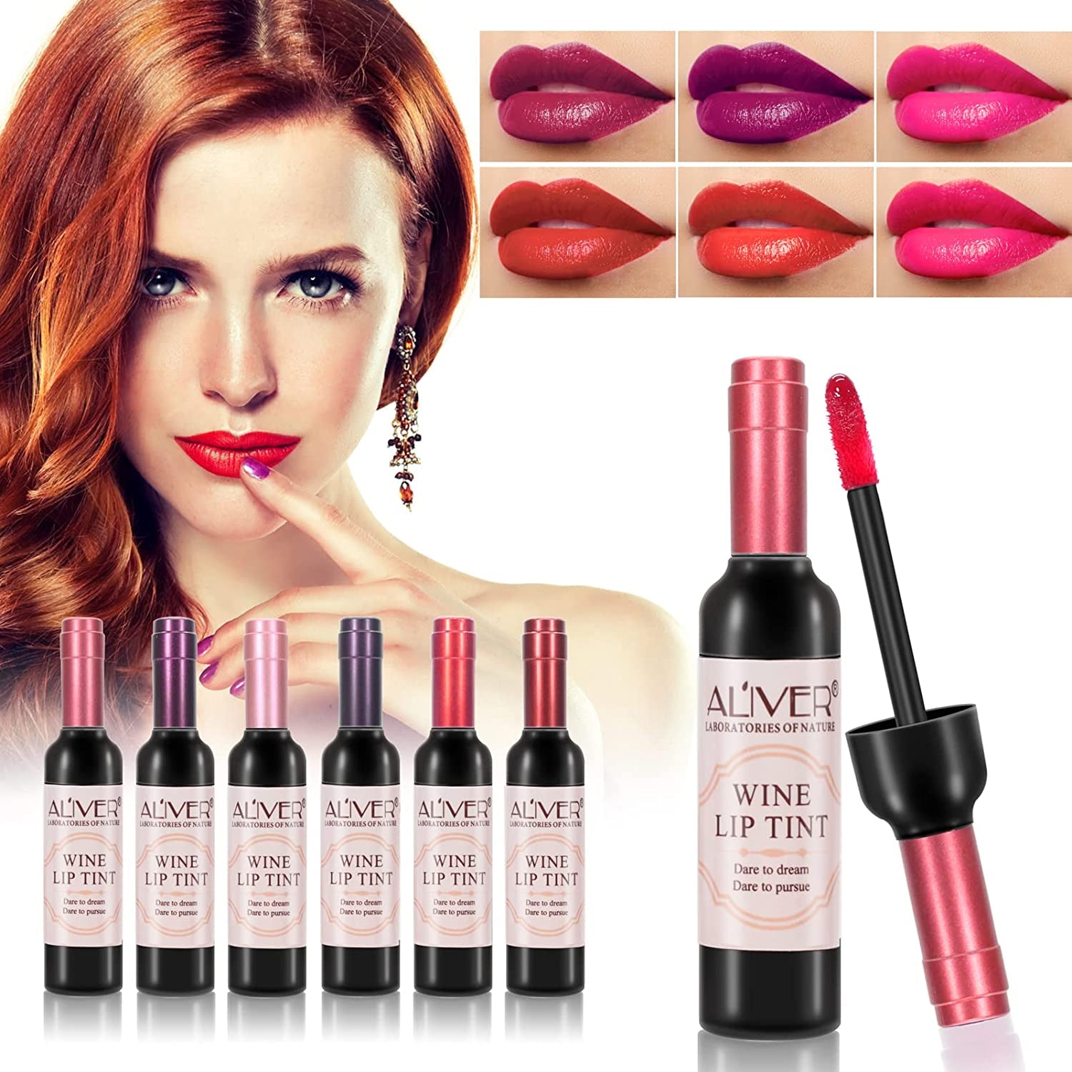 Aliver Lip Tint Gloss Wine Bottle Style Stain Lipstick 6 Colors Set