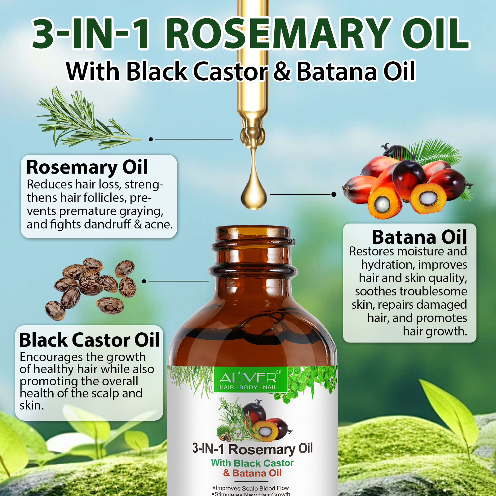 ALIVER Pure Rosemary Oil with Black Castor & Batana Oil for Hair Growth, 60ml