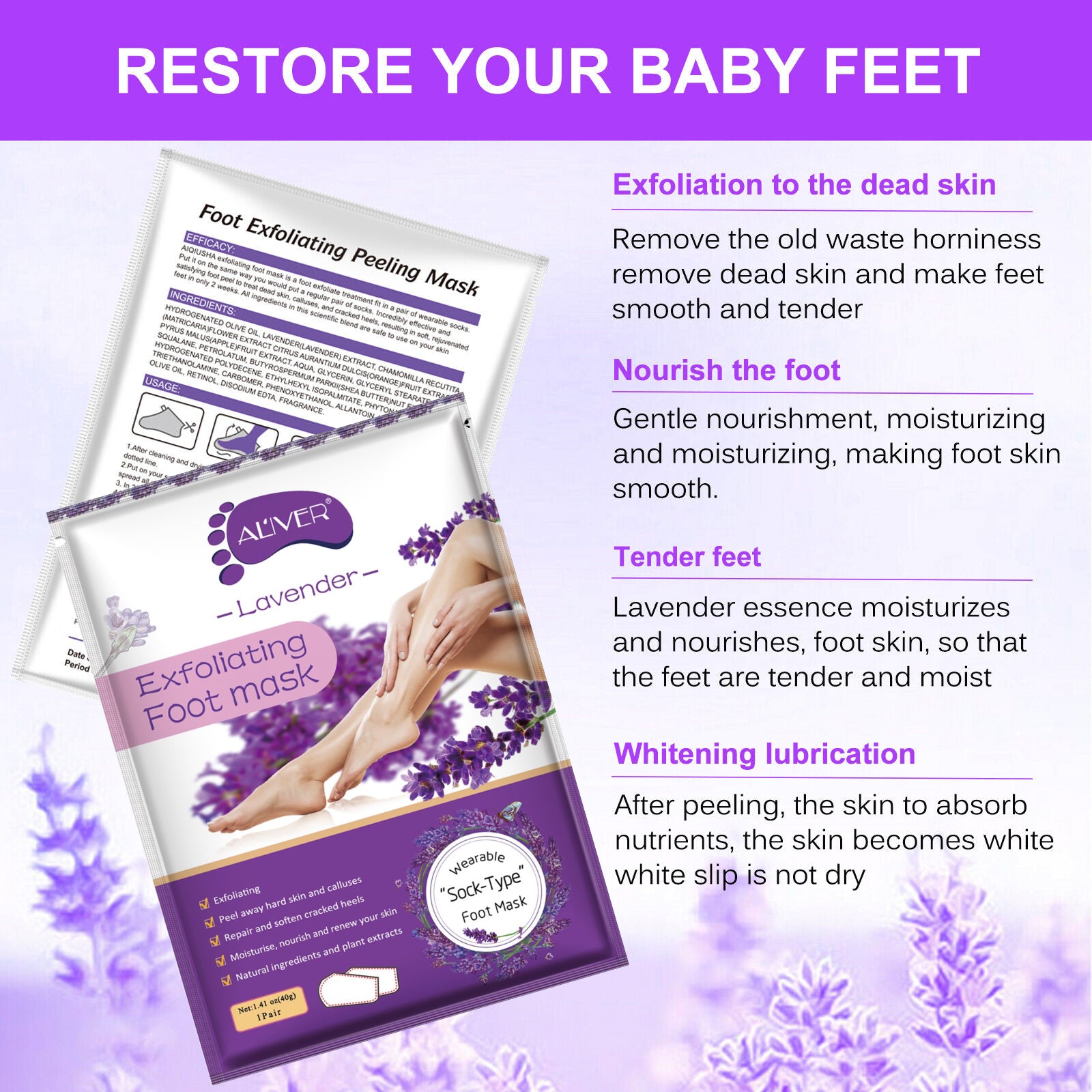 Aliver Exfoliating Foot Peel Mask Baby Soft Feet Smooth Socks Callus Hard Dead Skin Remove Spa Lavender (1 pair)