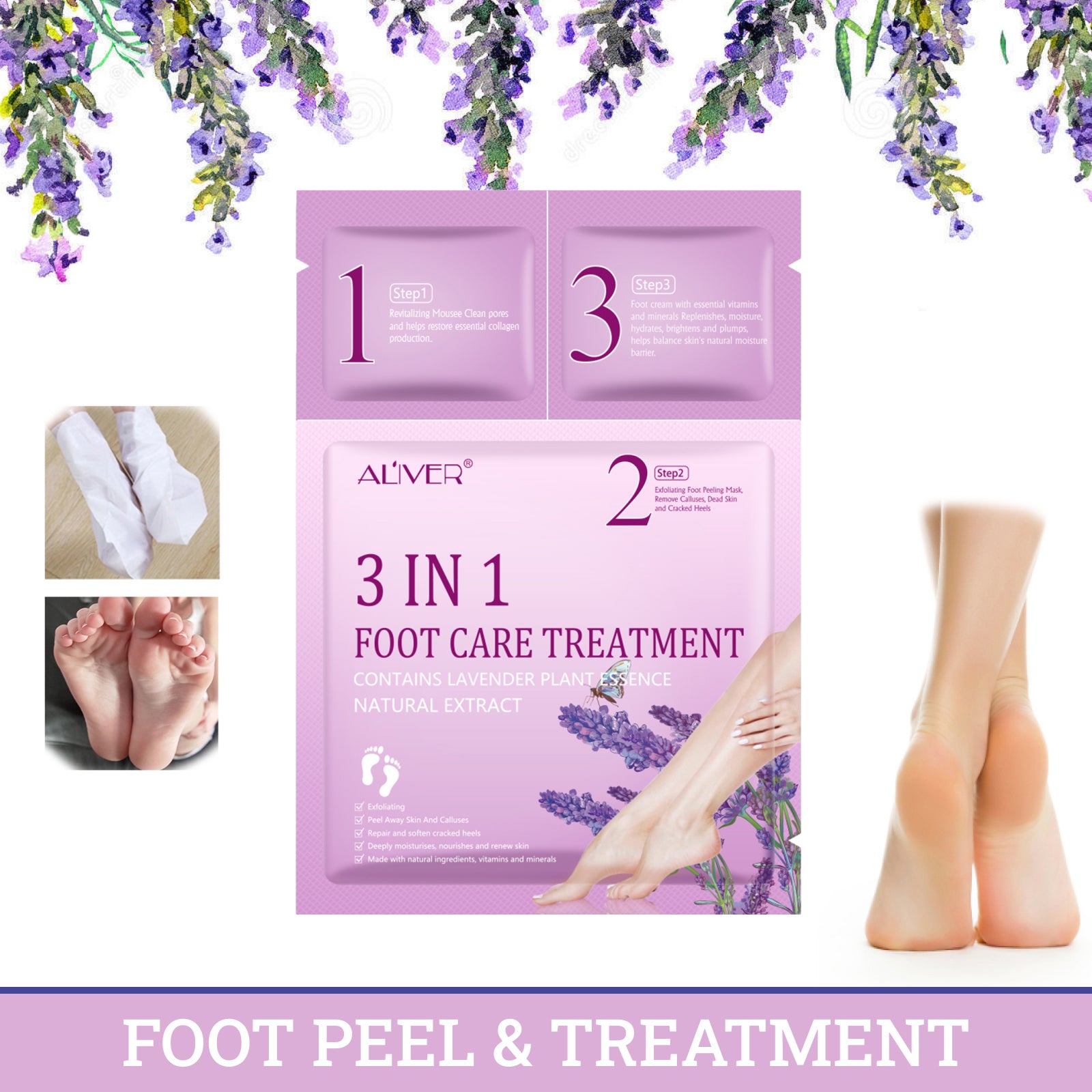ALIVER 3in1 Exfoliating Foot Care Treatment Kit Peeling Mask