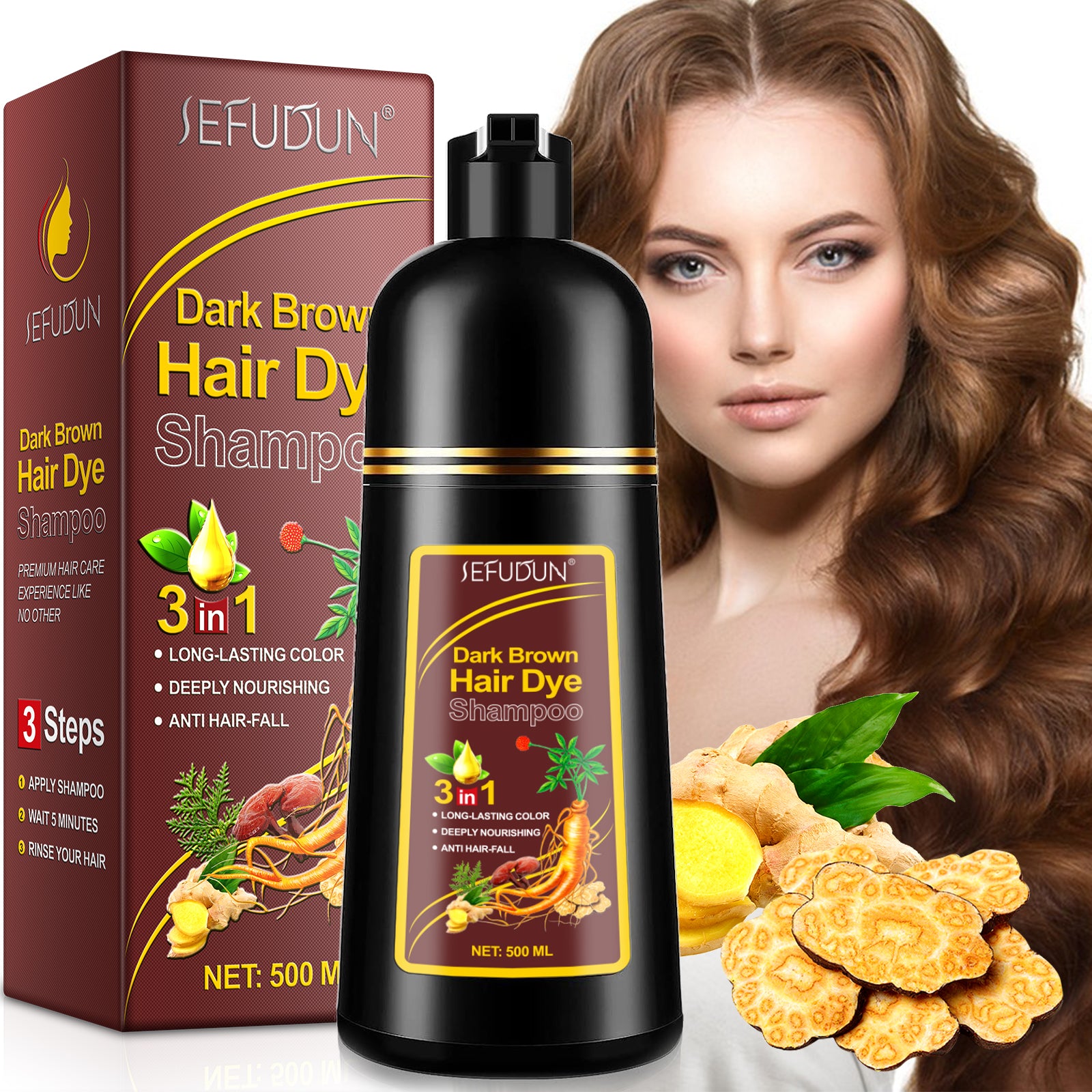 SEFUDUN 3in1 DARK BROWN Hair Dye Shampoo, 500ml