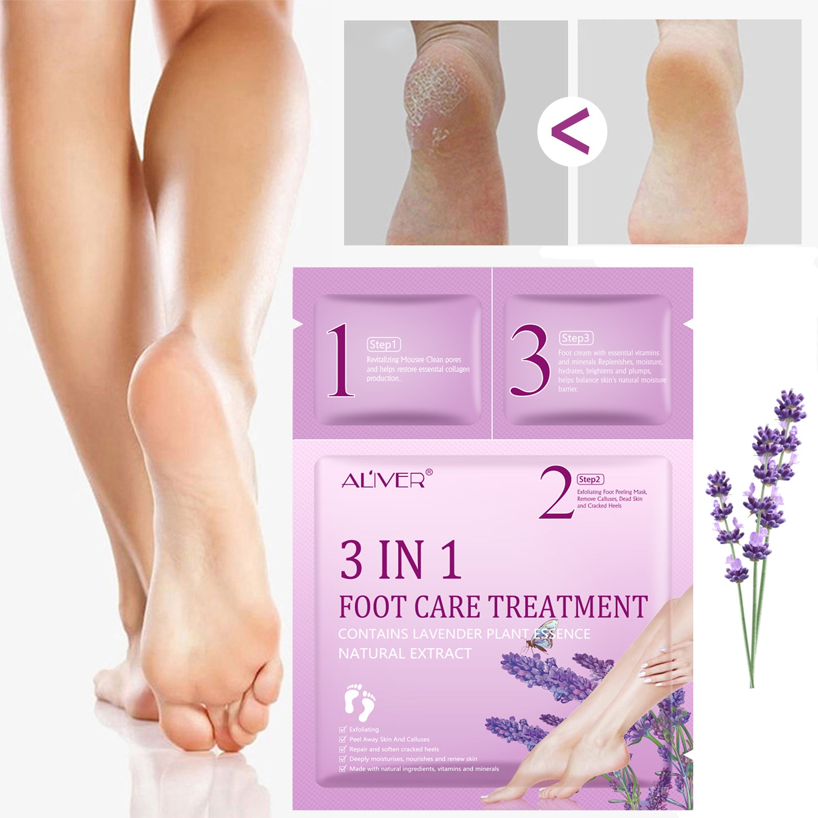 ALIVER 3in1 Exfoliating Foot Care Treatment Kit Peeling Mask