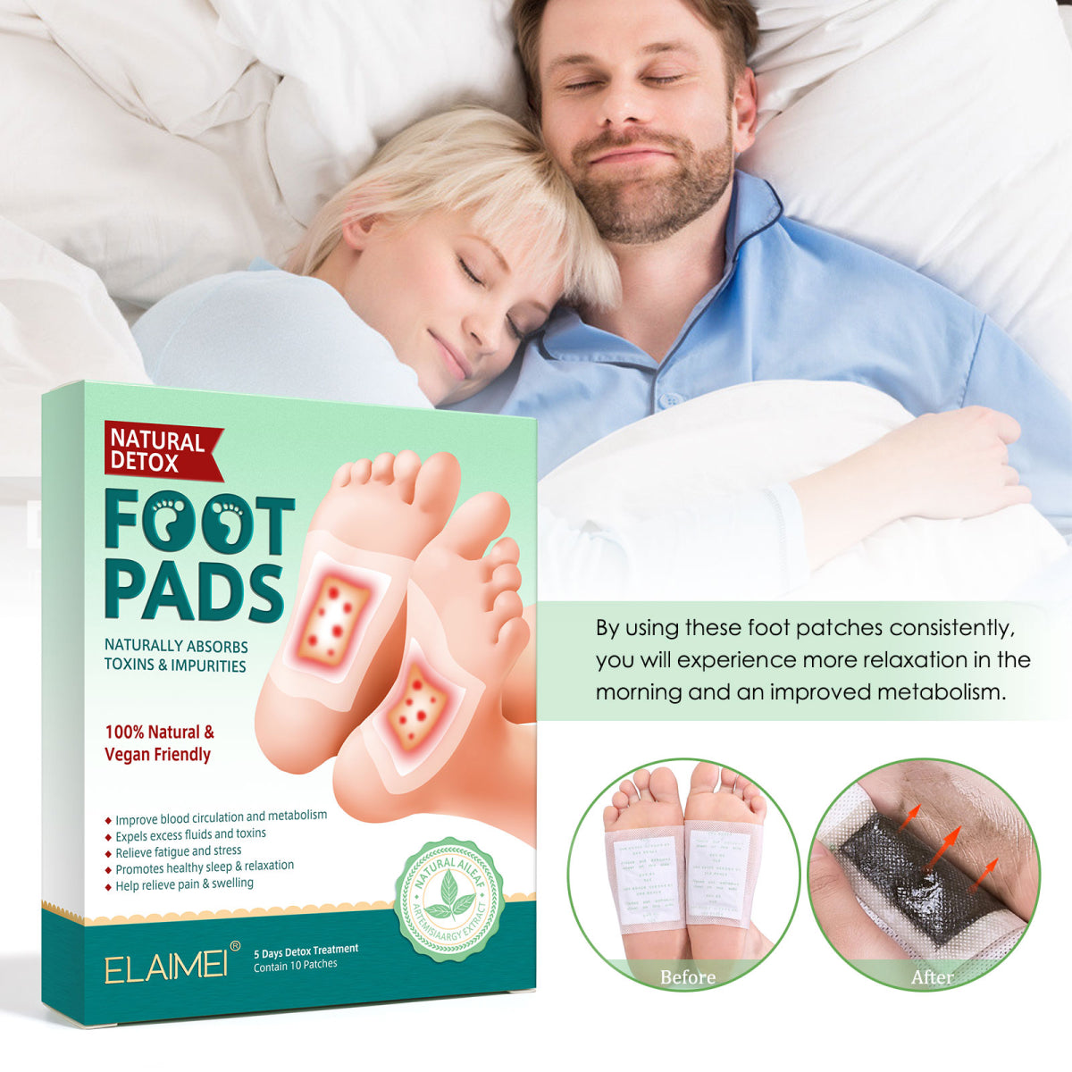 ELAIMEI Adhesive Detox Foot Patches, Toxin Removal Pads (10 pcs)