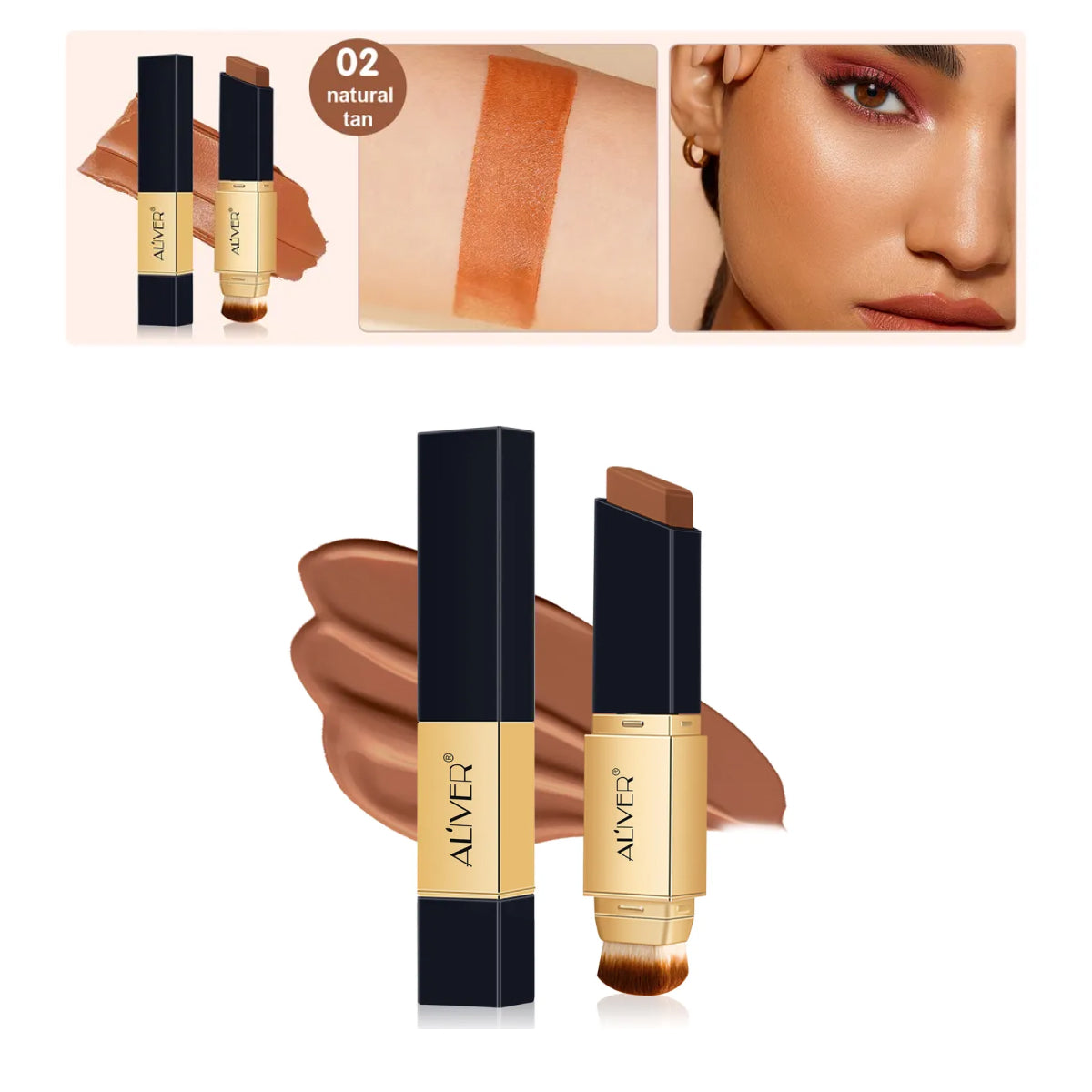 ALIVER 2in1 Colour Changing Concealer Stick & Brush, Long Lasting Makeup - NATURAL TAN