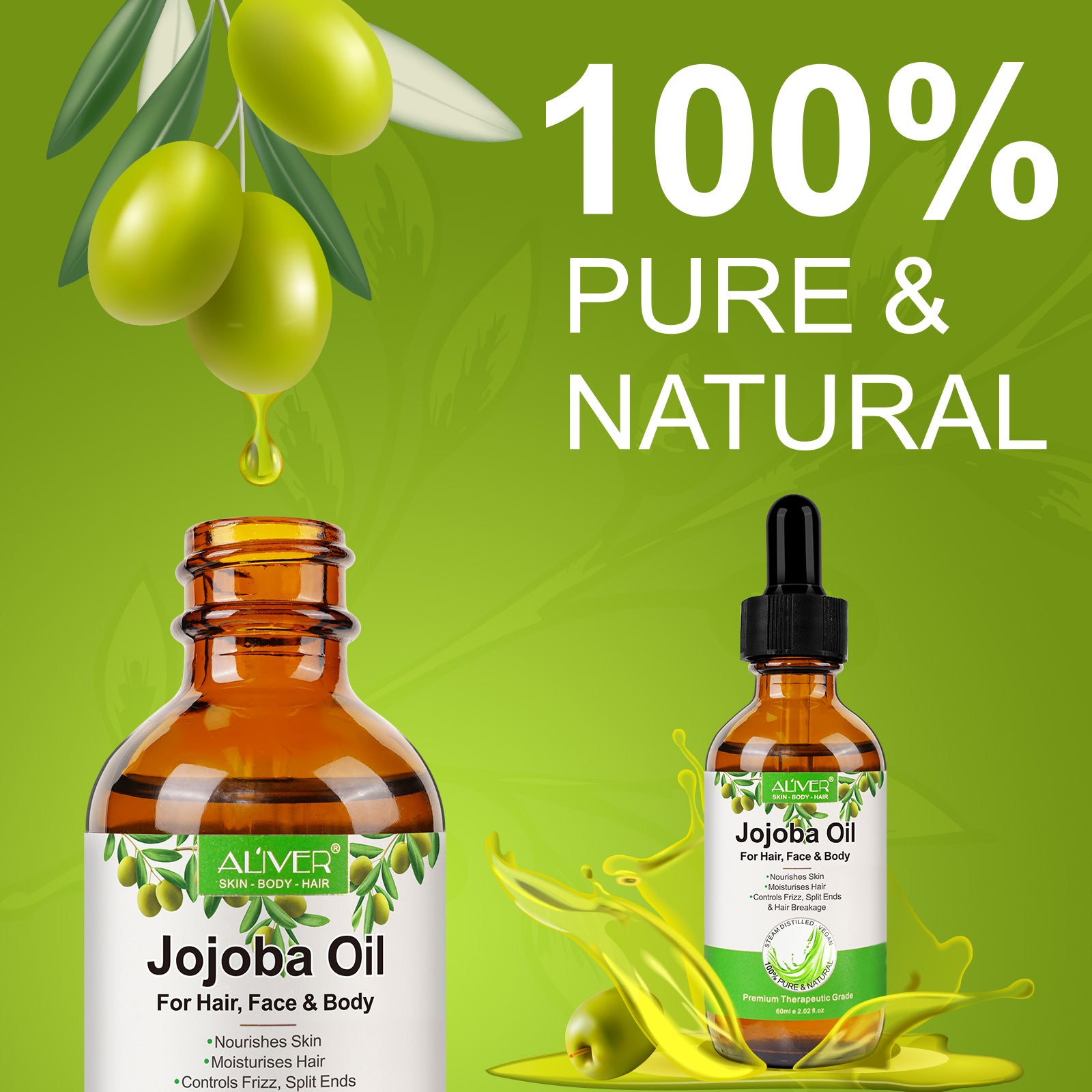 ALIVER Pure Jojoba Oil for Hair, Face & Body, 60ml