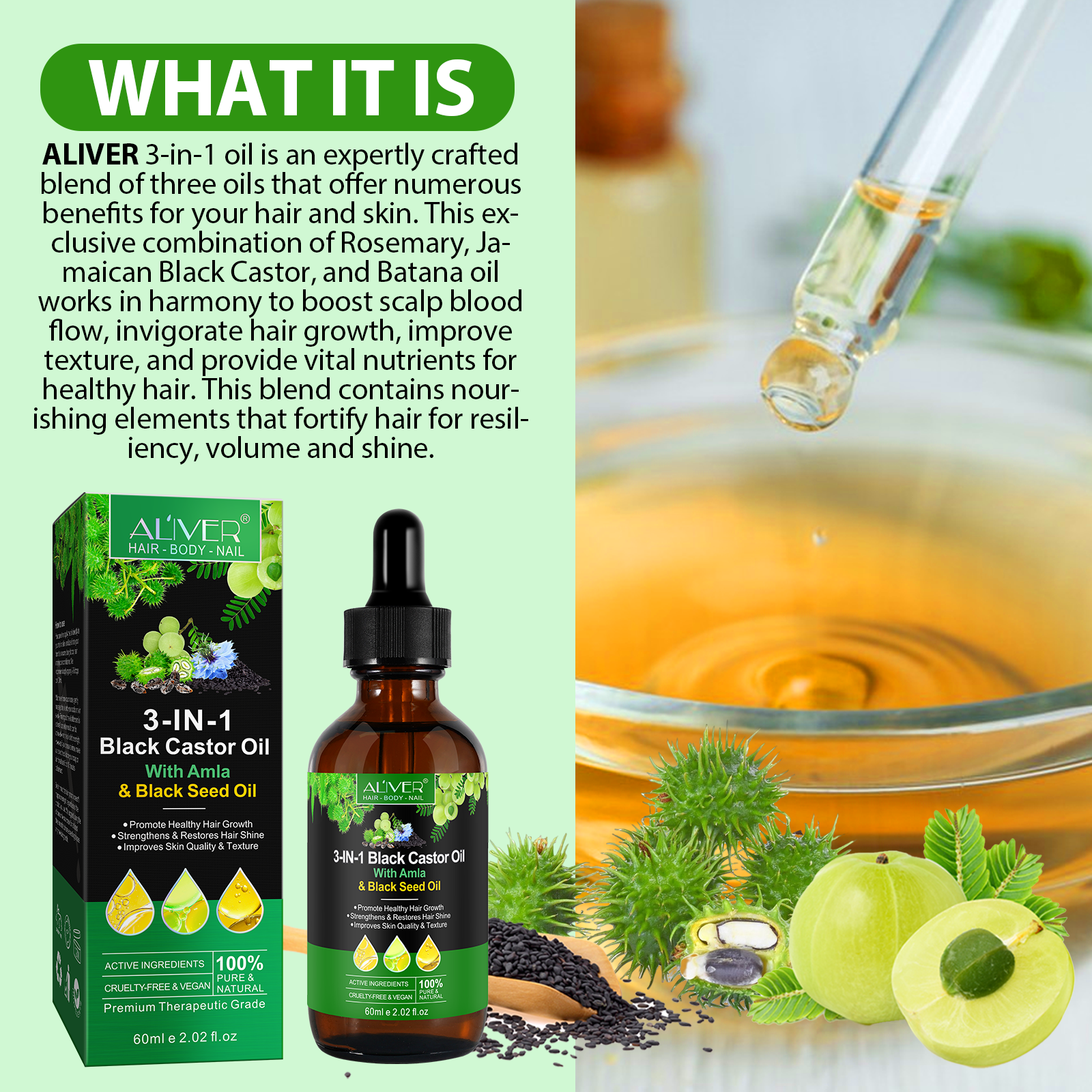 ALIVER Natural 3-in-1 Black Castor Oil with Amla & Black Seed Oil, 60ml