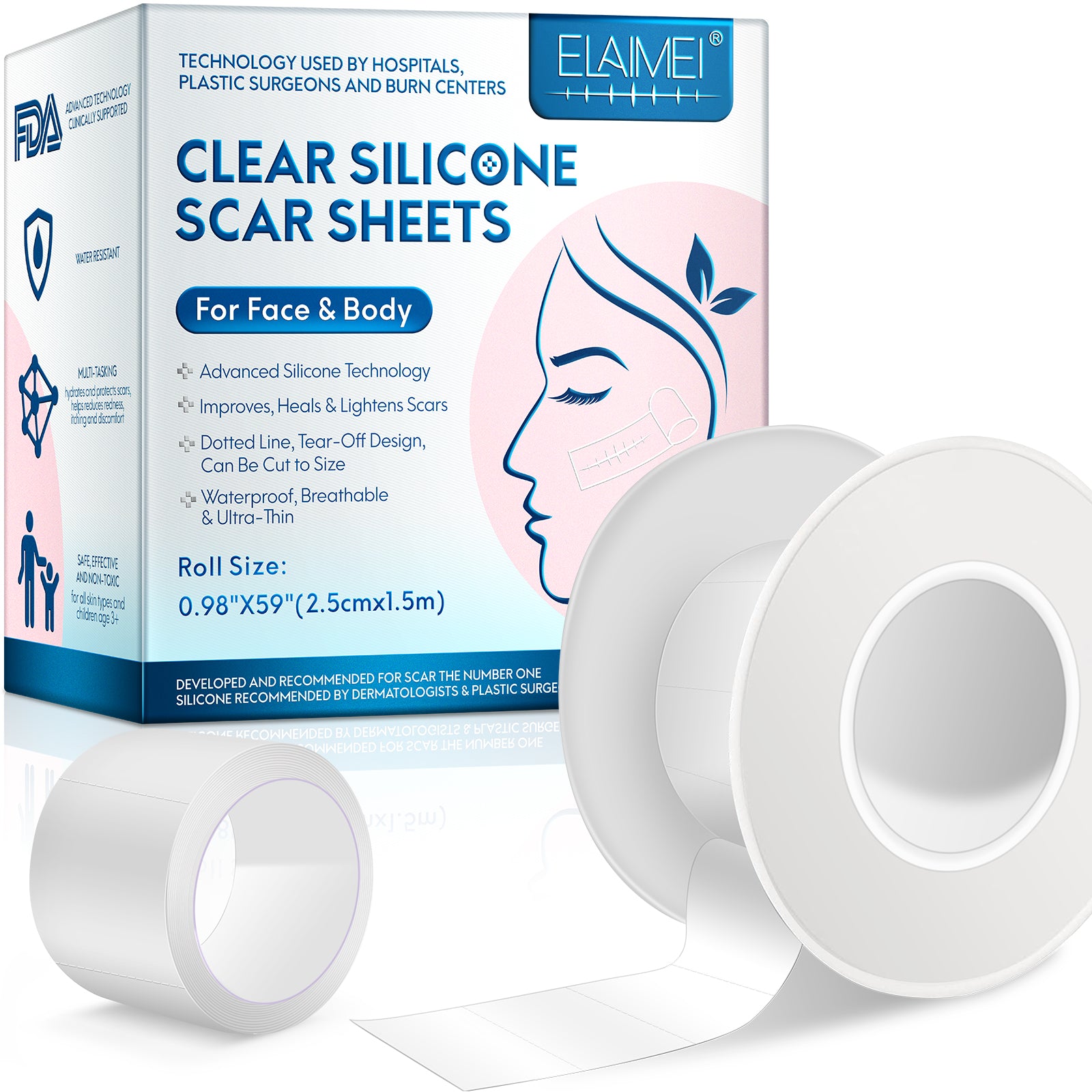 ELAIMEI Clear Silicone Scar Roll Tape, 1.5m
