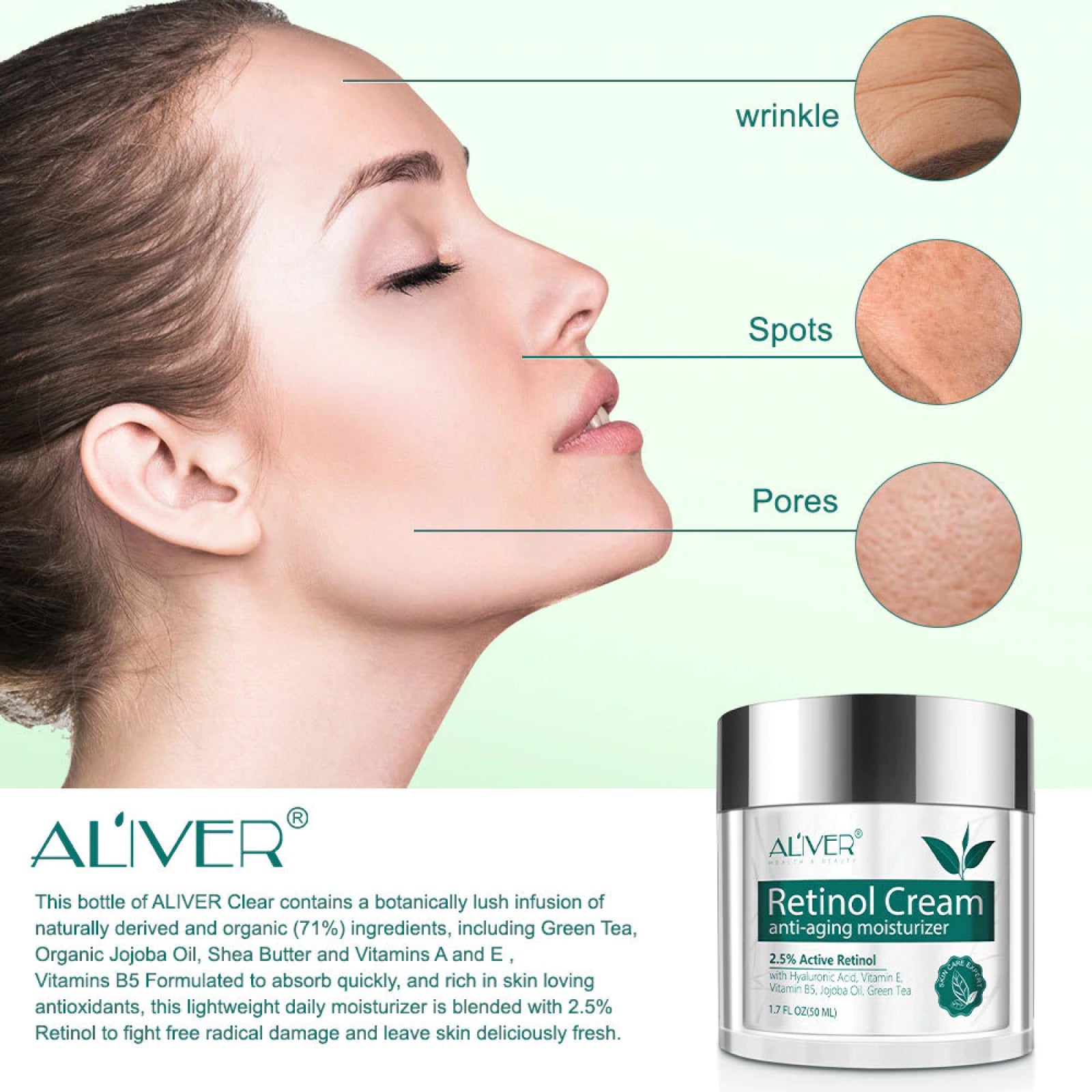Aliver Pure Retinol Face Cream for Anti Aging Skin Moisturizer Repair