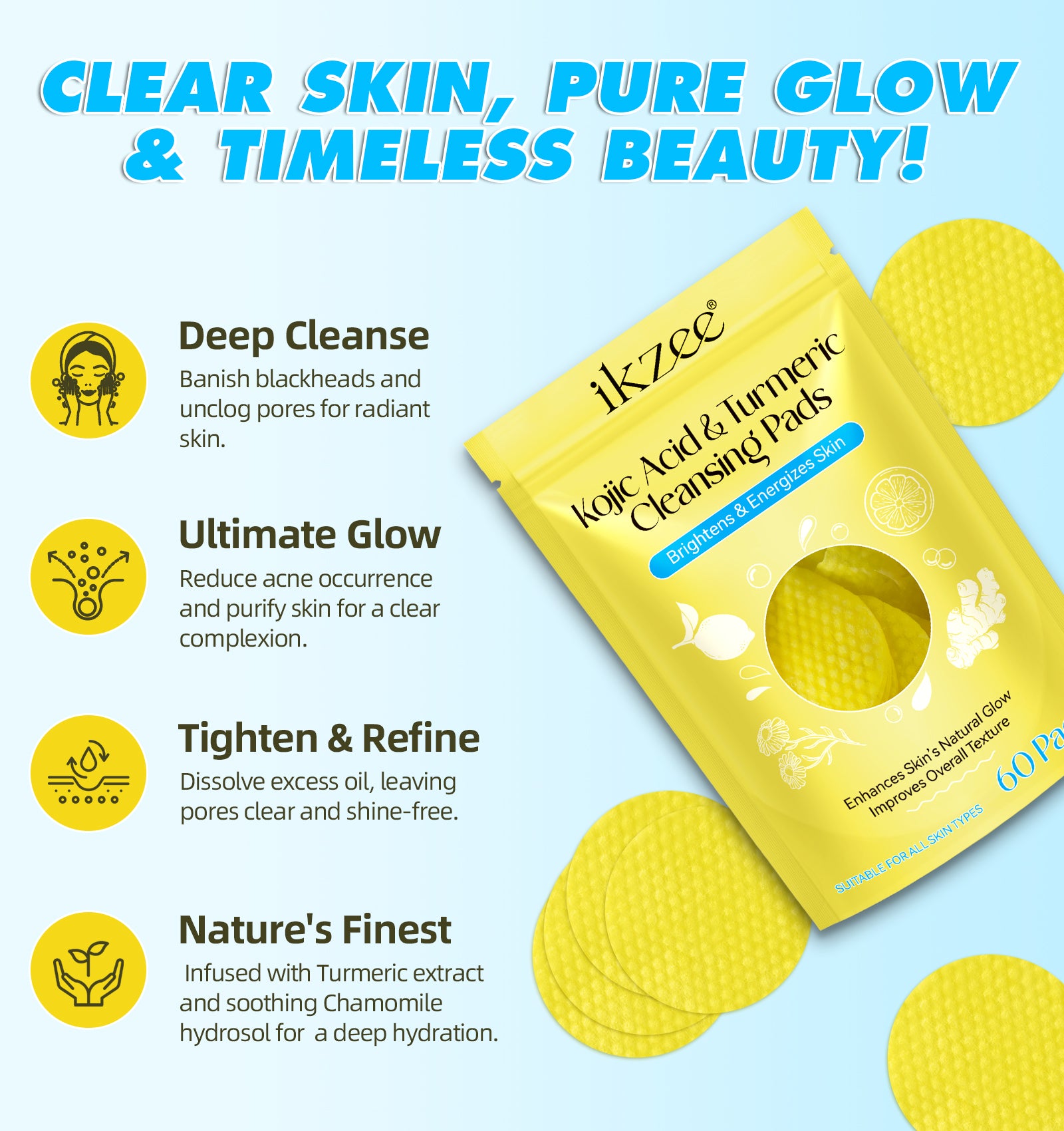IKZEE Kojic Acid & Turmeric Cleansing Pads, 60pcs