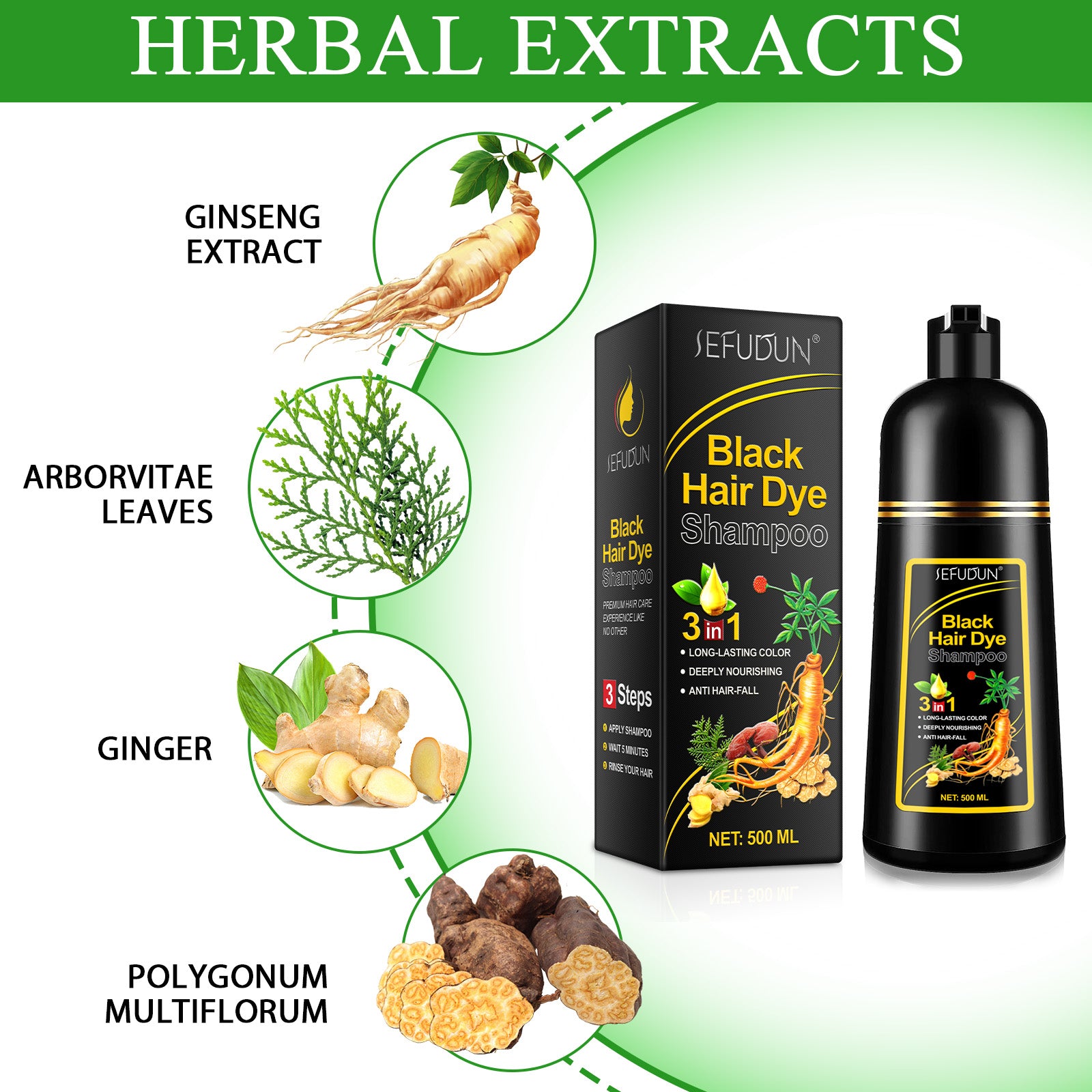 SEFUDUN 3in1 BLACK Hair Dye Shampoo, 500ml