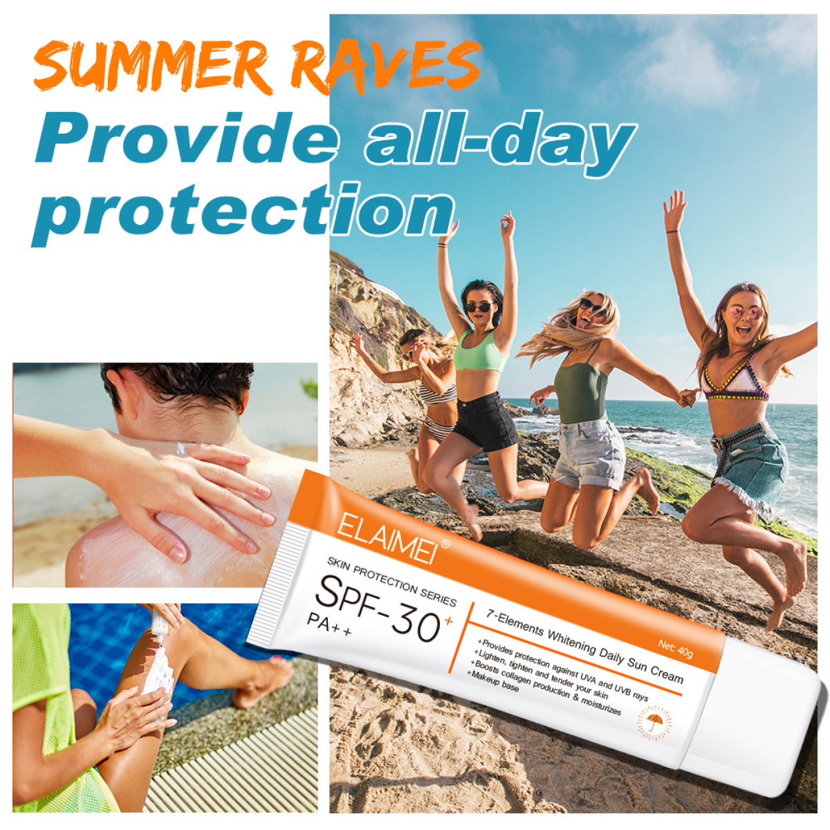 Elaimei UV Sunscreen SPF 30 PA++ Sunblock Sun Water Resistant Broad Spectrum Facial Body Skin Beach Defense 40g