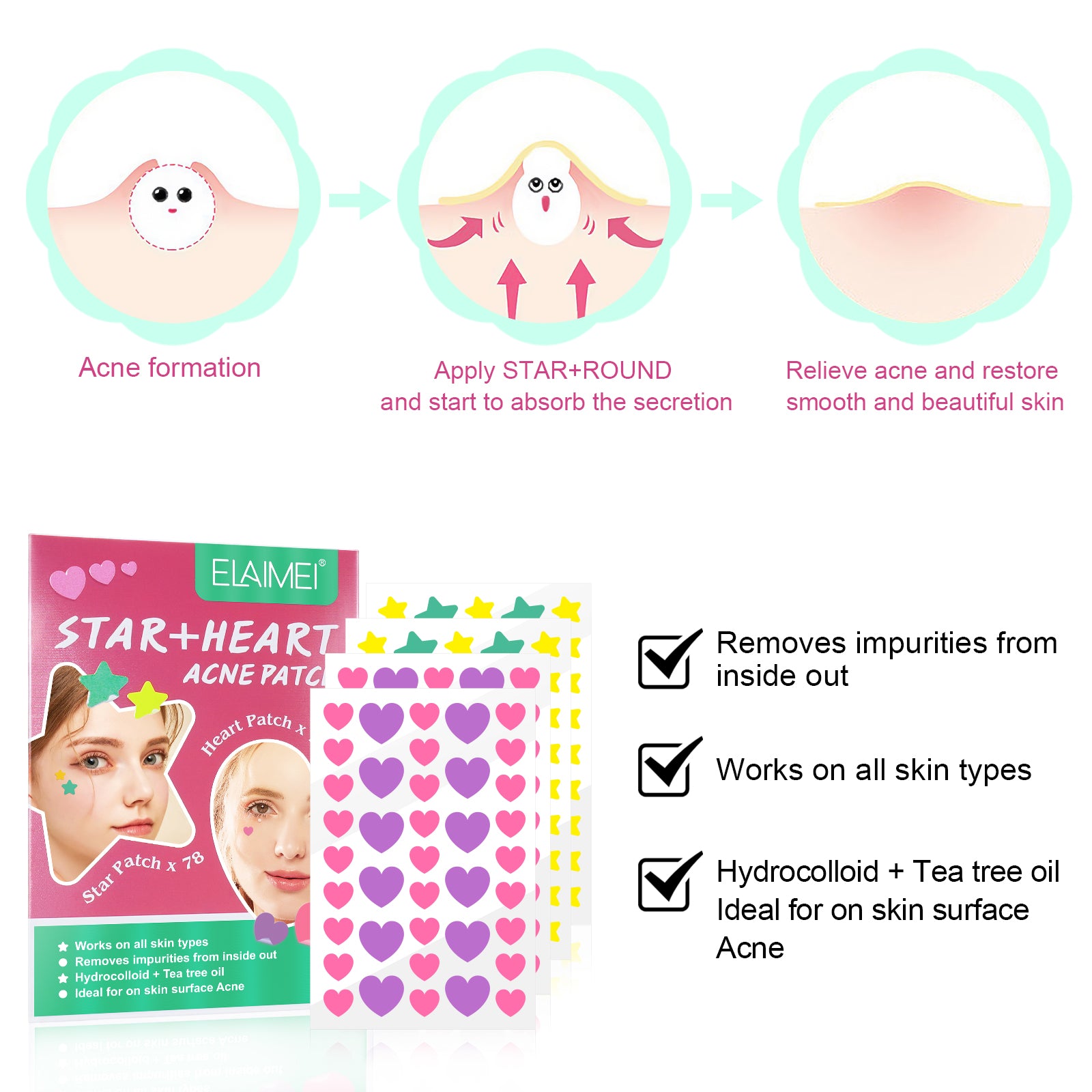 ELAIMEI Stars + Heart Pimple Patches, pack of 156pcs