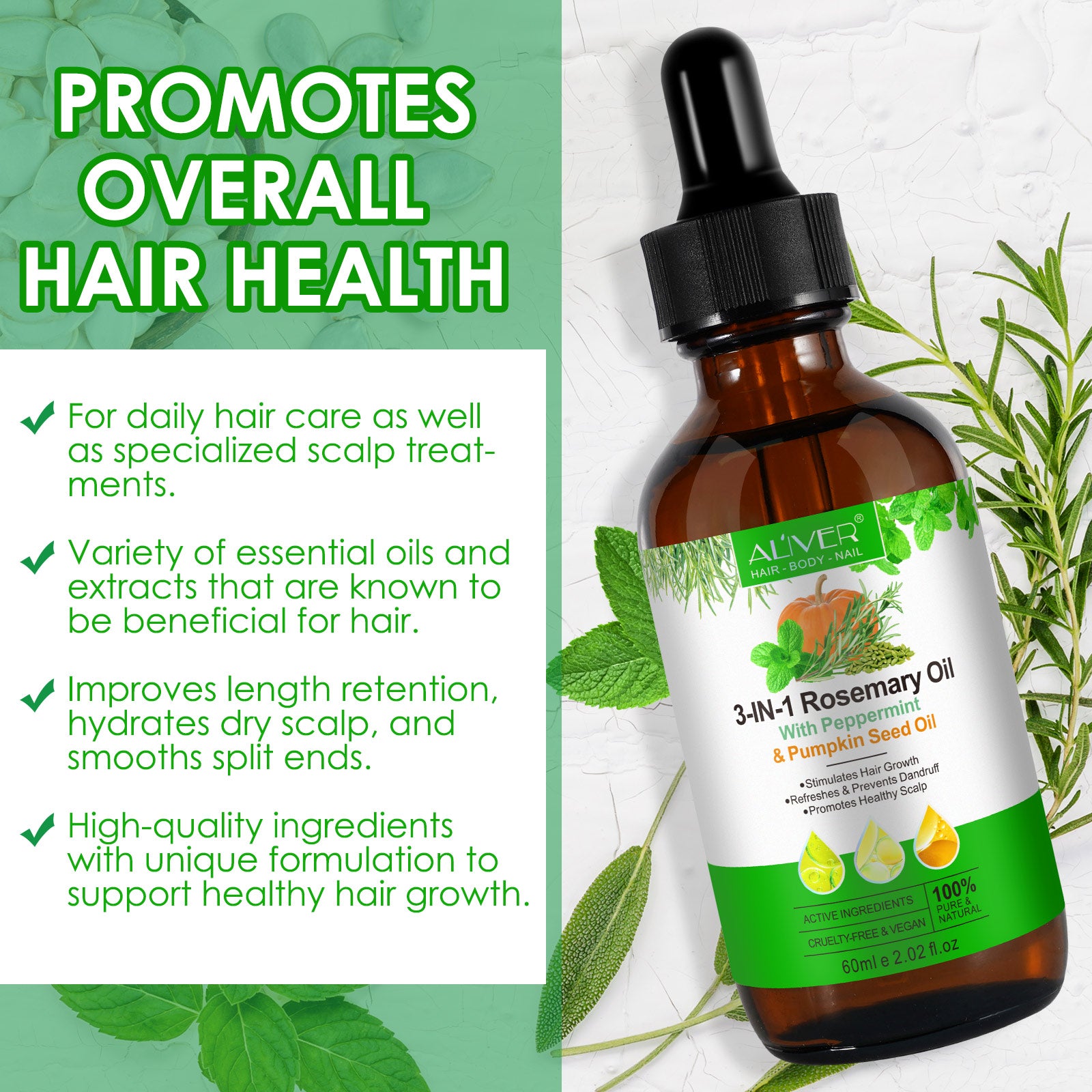 ALIVER Natural 3-in-1 Rosemary Oil with Peppermint & Pumpkin Seed Oil, 60ml
