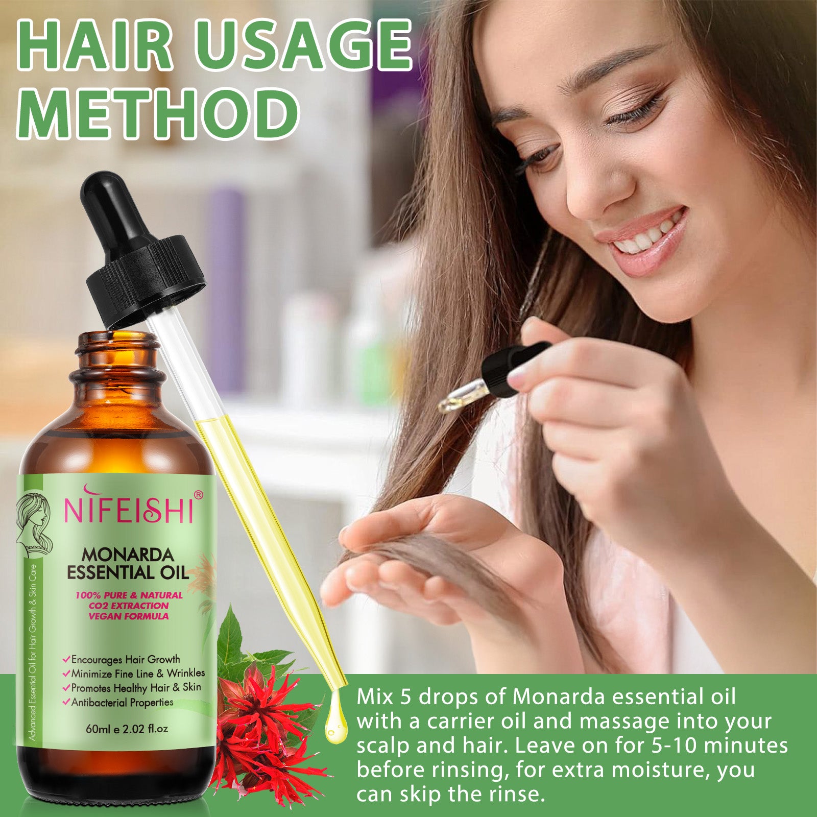 NIFEISHI 100% Pure & Natural Monarda Essential Oil, 60ml